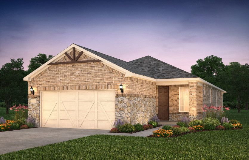 The Contour, a one-story home with 2-car garage, shown with Home Exterior LS203