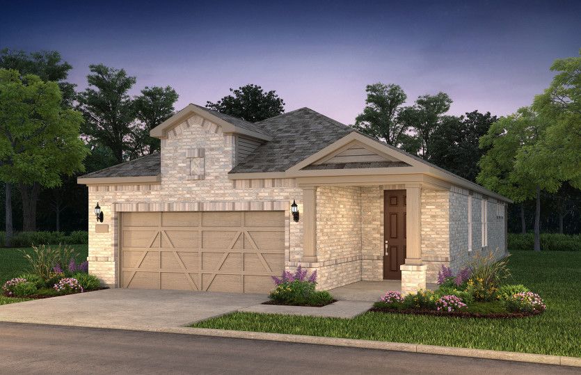The Hallmark, a one-story home with 2-car garage, shown with Home Exterior LS203