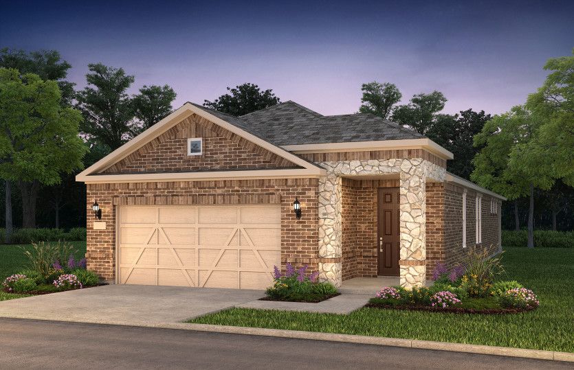 The Hallmark, a one-story home with 2-car garage, shown with Home Exterior LS201
