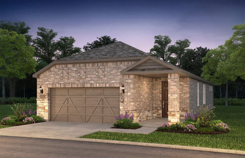 The Hallmark, a one-story home with 2-car garage, shown with Home Exterior LS204
