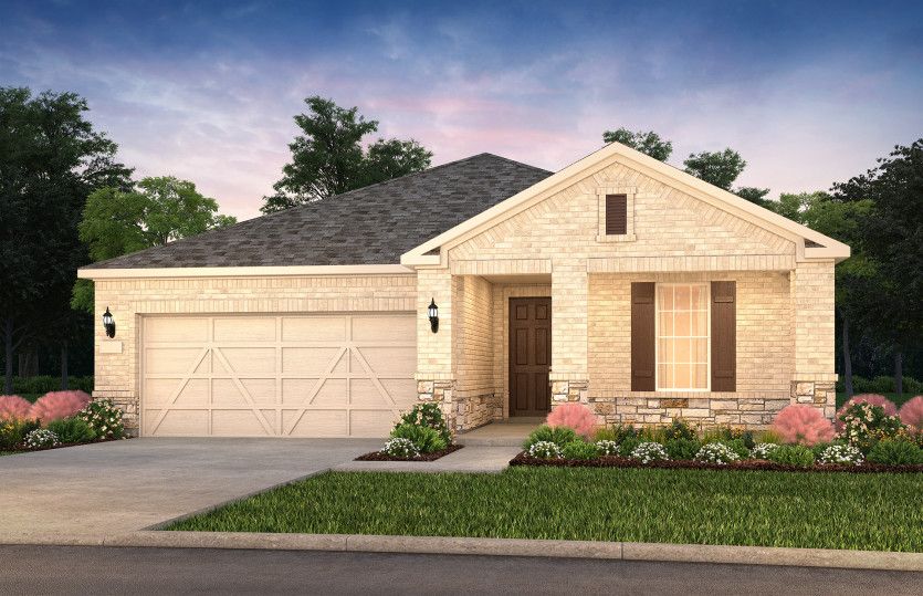 The Prosperity, a one-story home with 2-car garage, shown with Home Exterior LS203