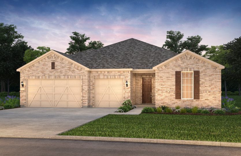 The Renown, a one-story home with 3-car garage, shown with Home Exterior LS201