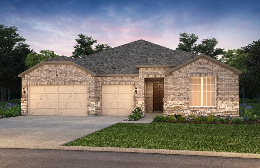 The Renown, a one-story home with 3-car garage, shown with Home Exterior LS202