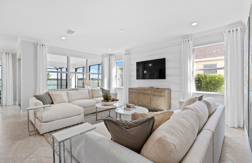 Spacious gathering room with tile floors