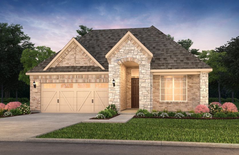 The Prosperity, a one-story home with 2-car garage, shown with Home Exterior FC201