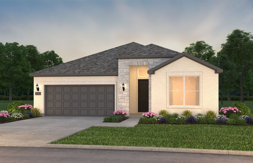 The Prestige, a one-story home with 2-car garage, shown with Home Exterior TR201*model representation