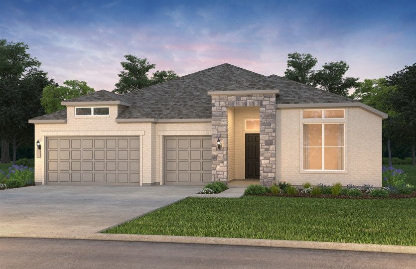 The Renown, a one-story home with 3-car garage, shown with Home Exterior TR201