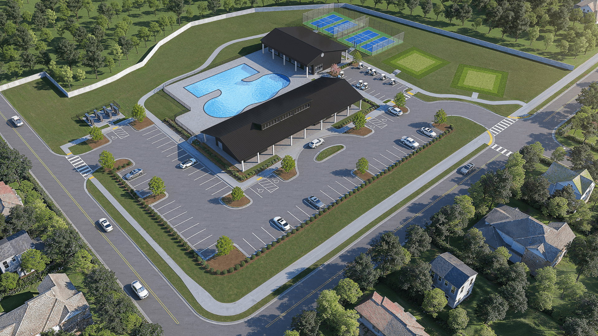 Bird’s-eye view of the Brook Run Clubhouse -  Fitness center, swimming pool, pickleball courts &  a golf simulator