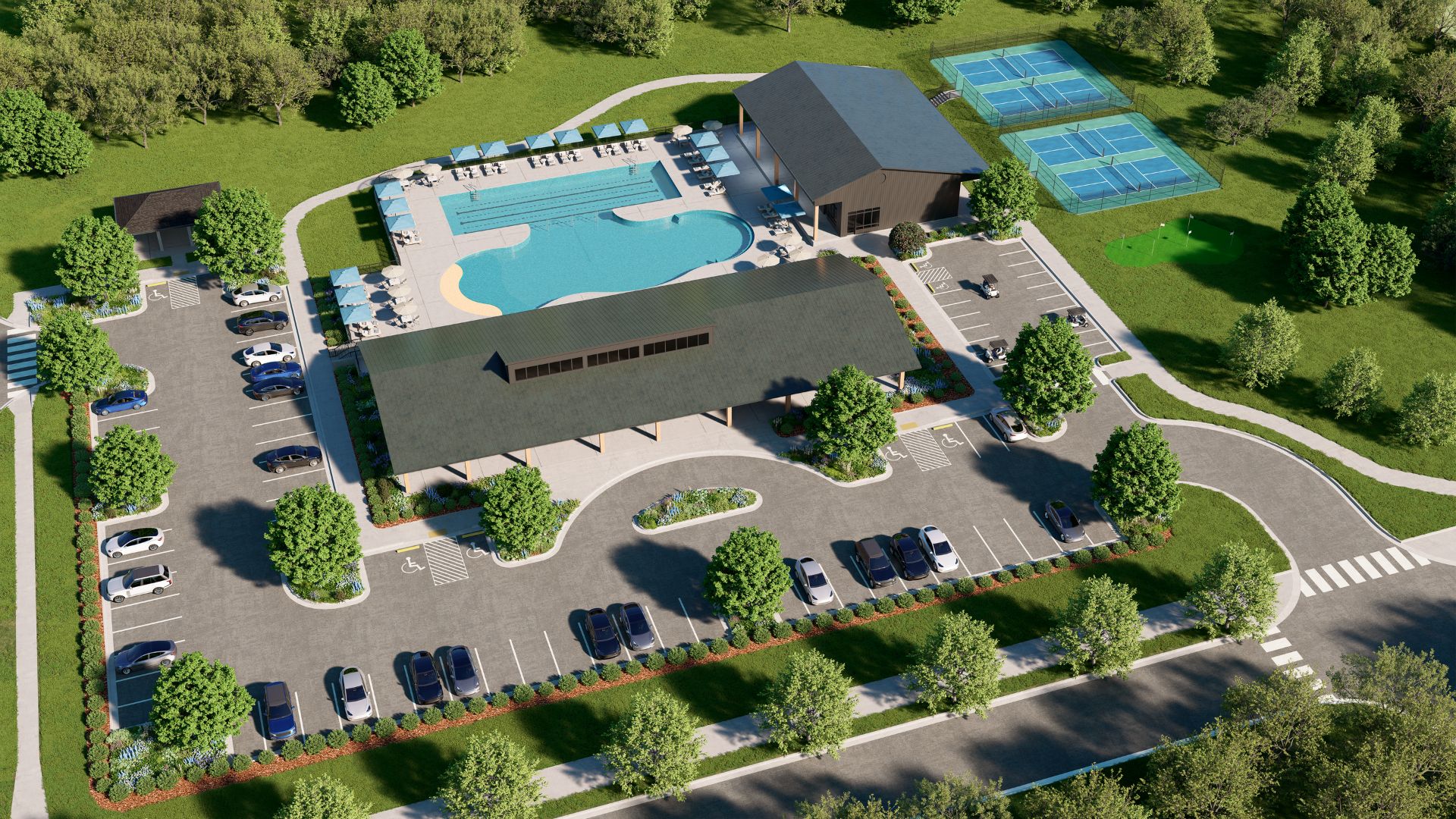 Bird’s-eye view of the Brook Run Clubhouse -  Fitness center, swimming pool, pickleball courts &  a golf simulator
