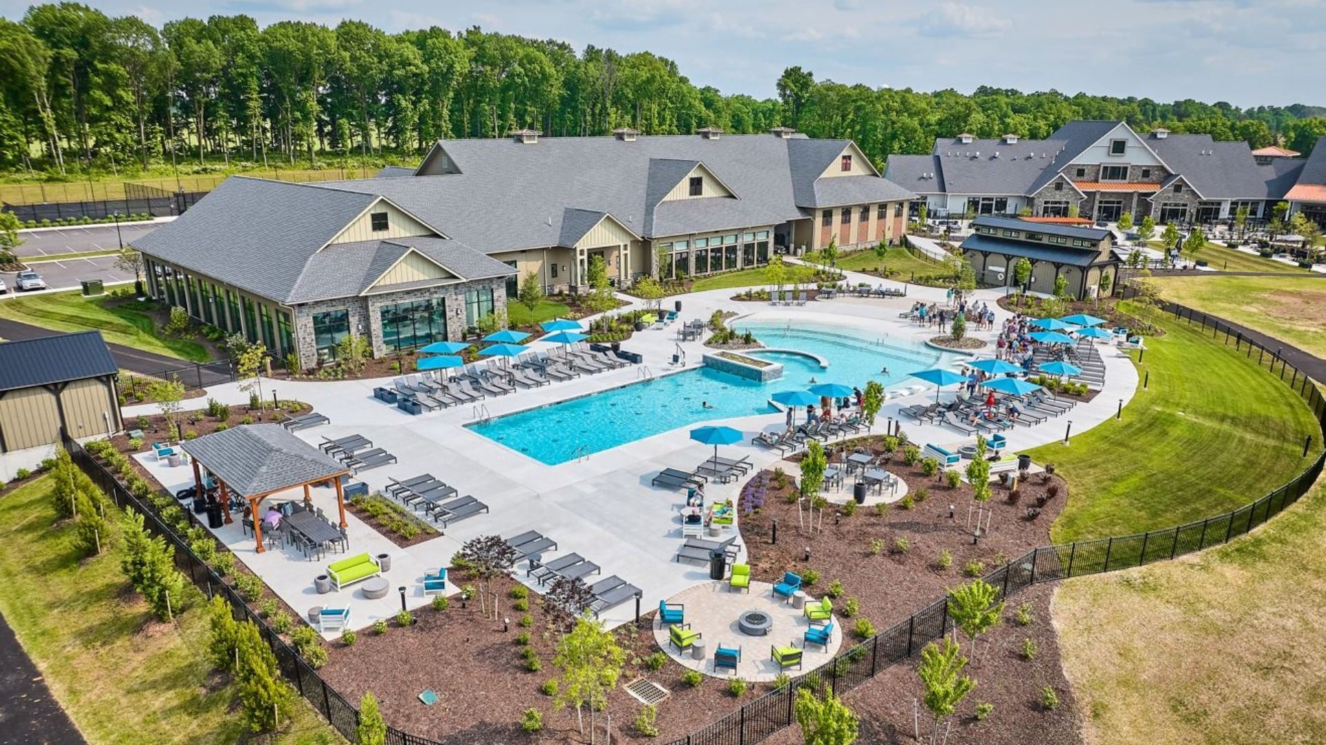 Bird's-eye view of the beautiful clubhouse and outdoor pool at Amblebrook in Gettysburg, PA.