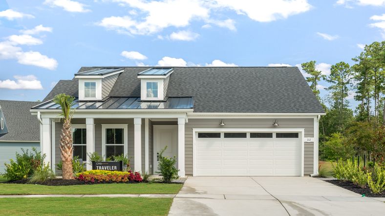 The Traveler model exterior highlights timeless design and welcoming curb appeal at Summerwind Crossing.