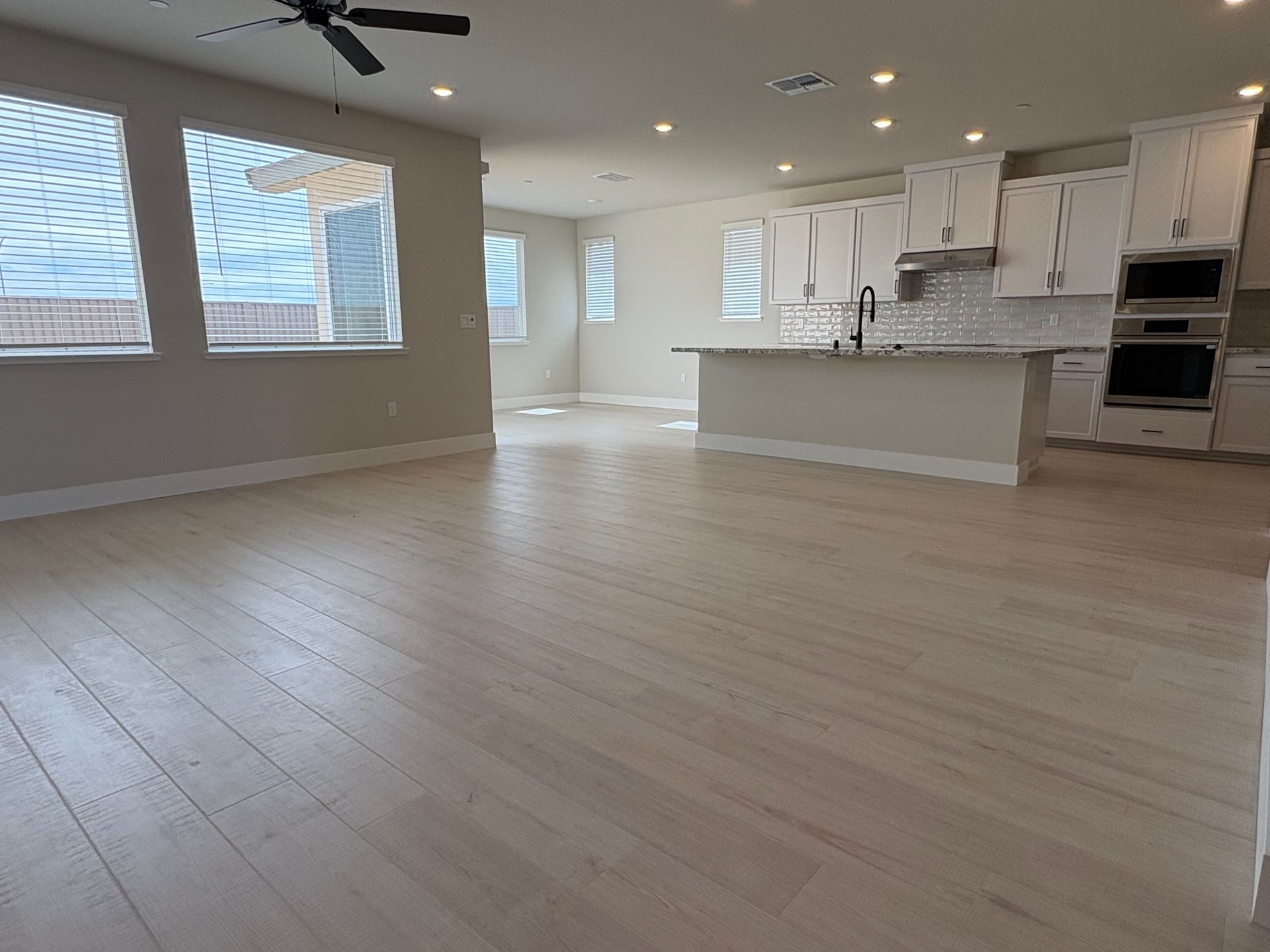 Great room, kitchen and dining area