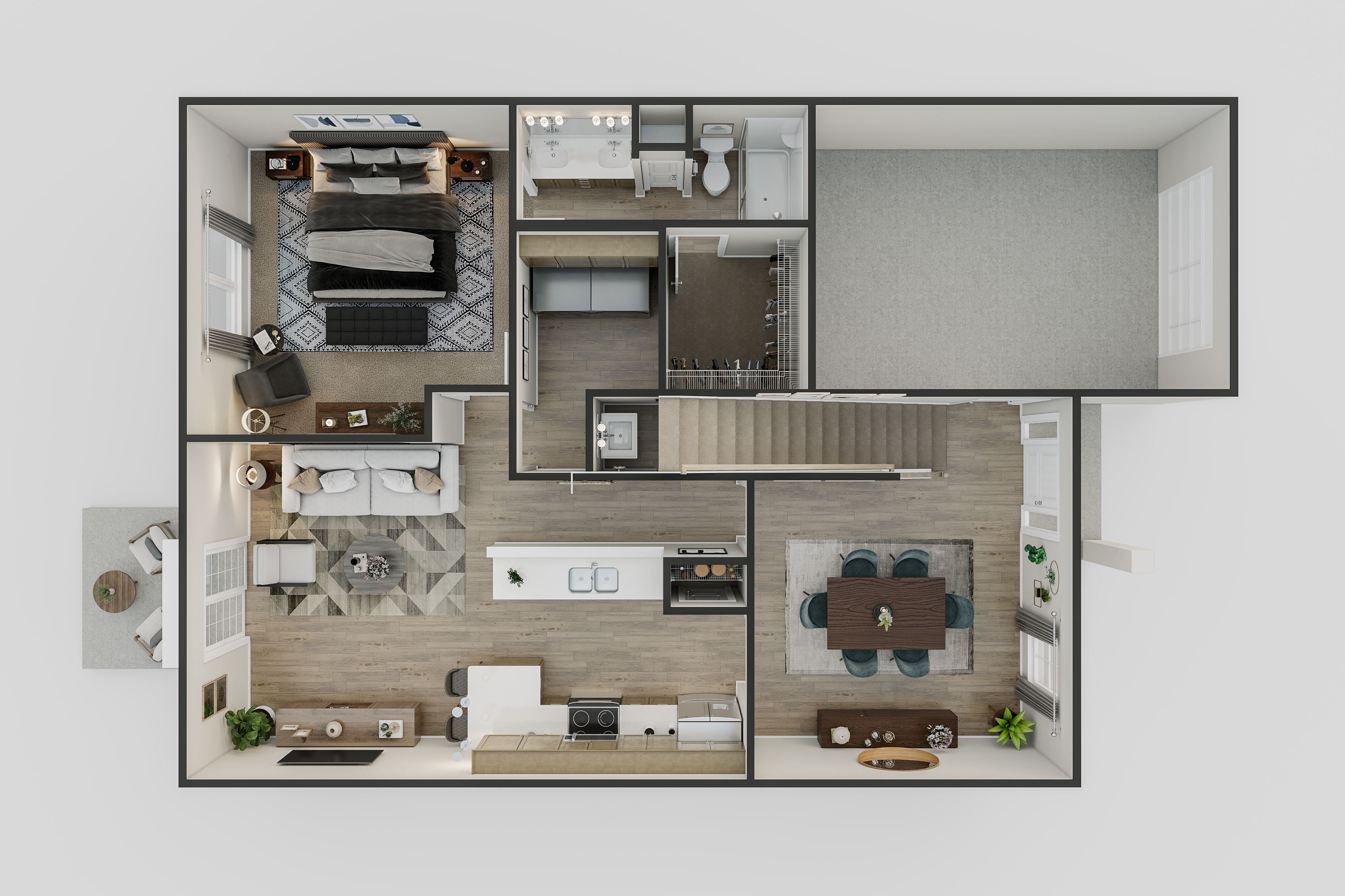 New Haven Townhome A - First Floor plan 3D plan | Ernest Homes
