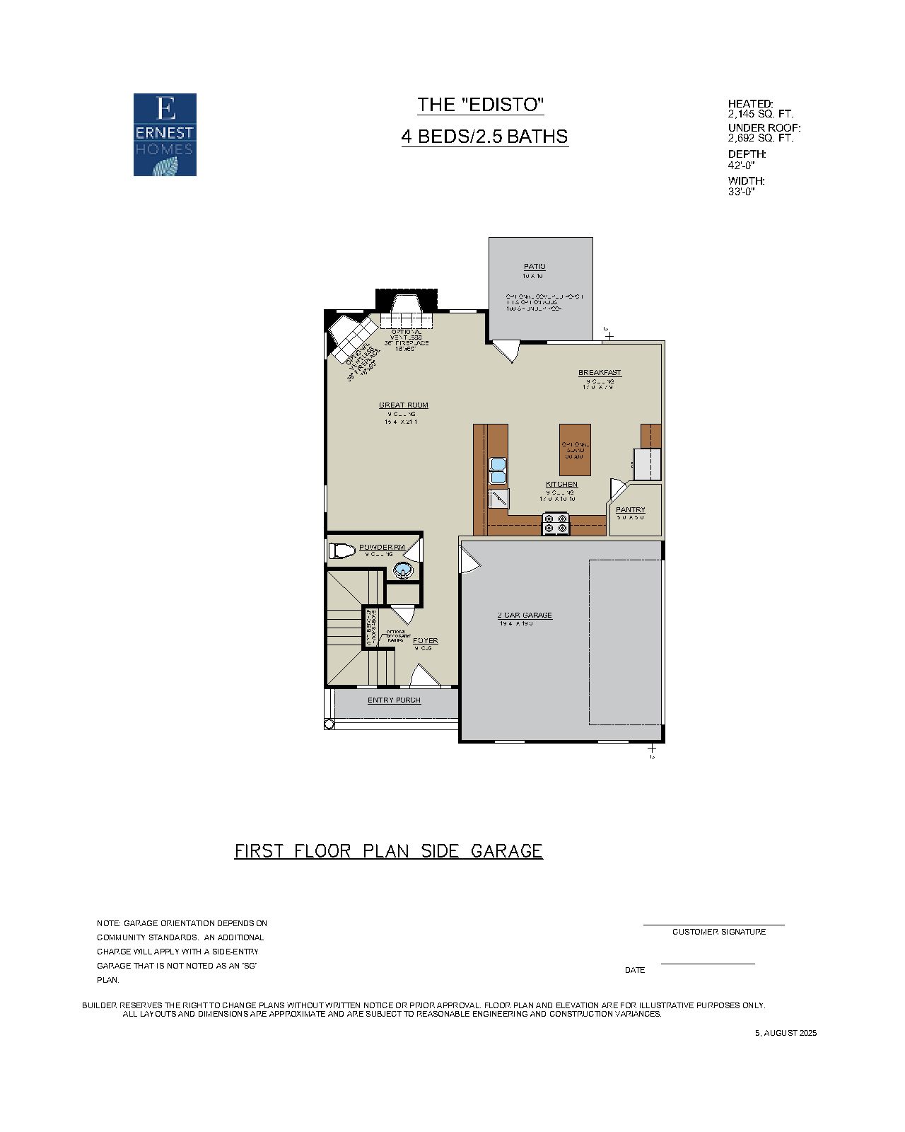 Edisto Floor Plan First Floor Layout with side entry garage | Ernest Homes