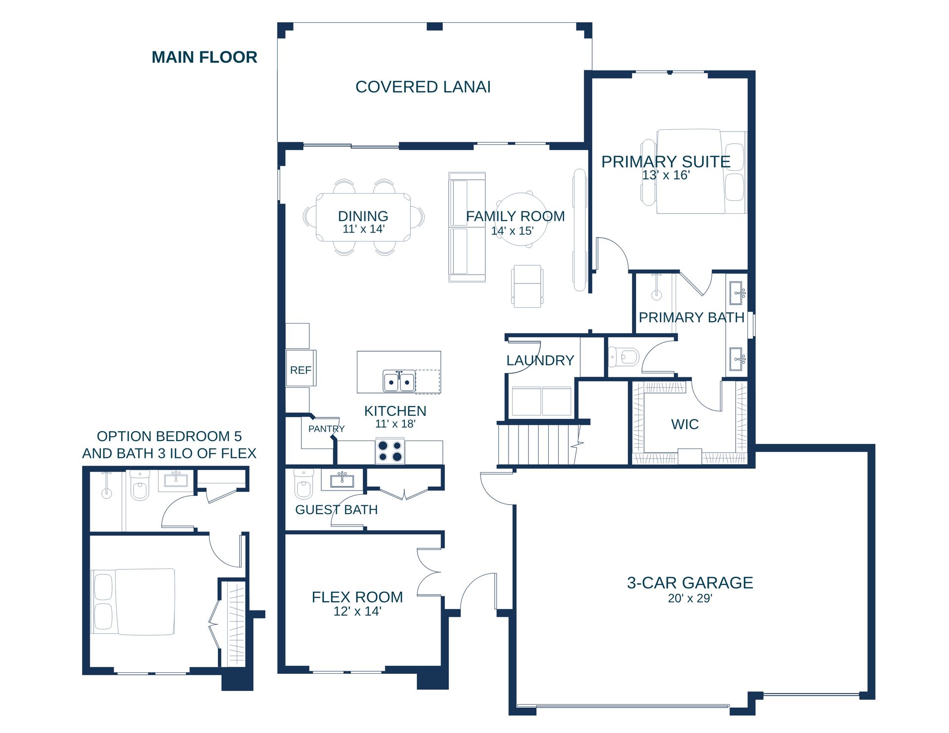 Optional bedroom #5 and full bath #3 instead of flex room with a half guest bath