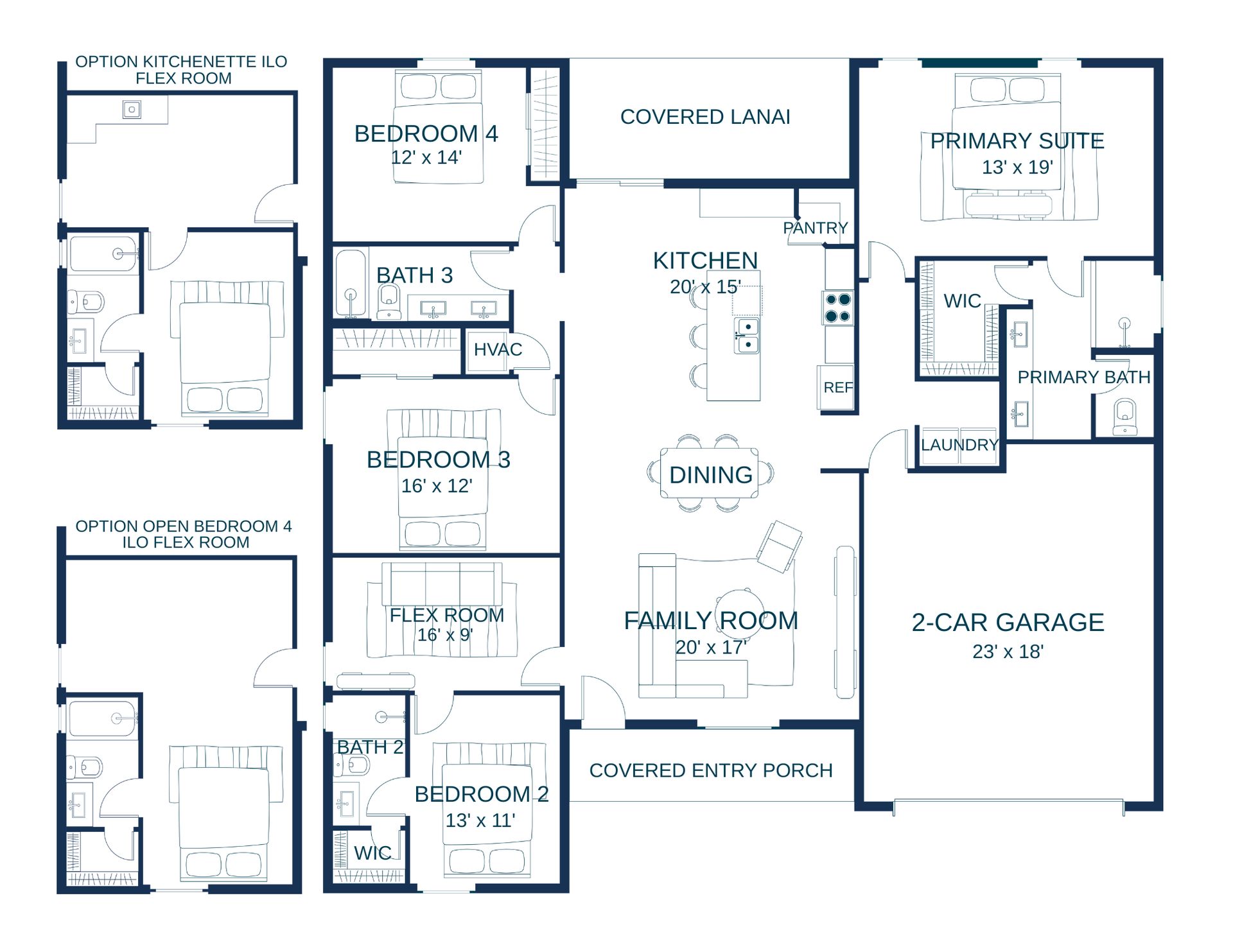 Optional kitchenette instead of flex room, or optional open bedroom 4 instead of flex room