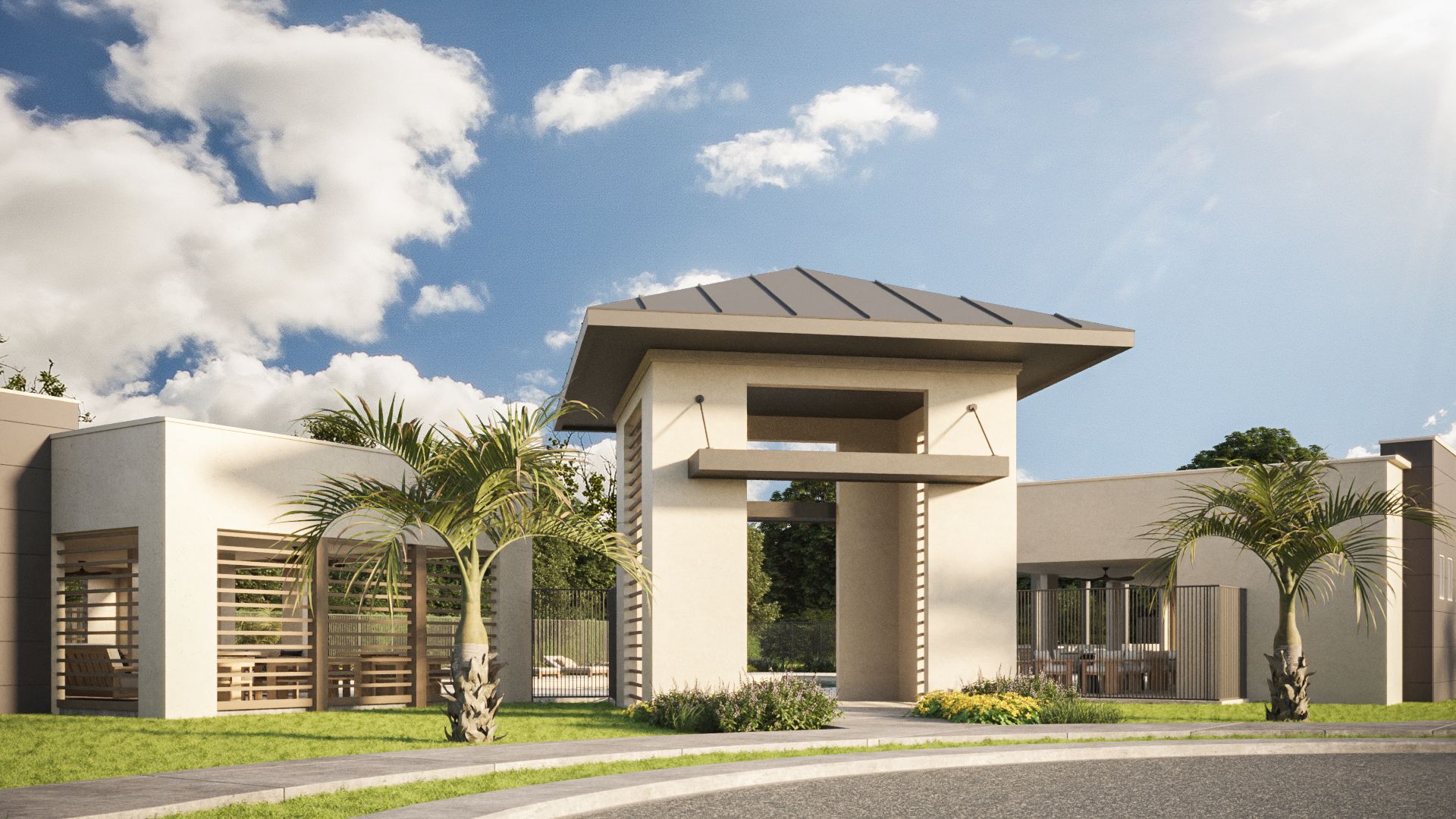 A welcoming gateway to the Sabana Reserve amenity center, featuring modern architectural details, tropical landscaping, and a warm first impression for residents and guests.
