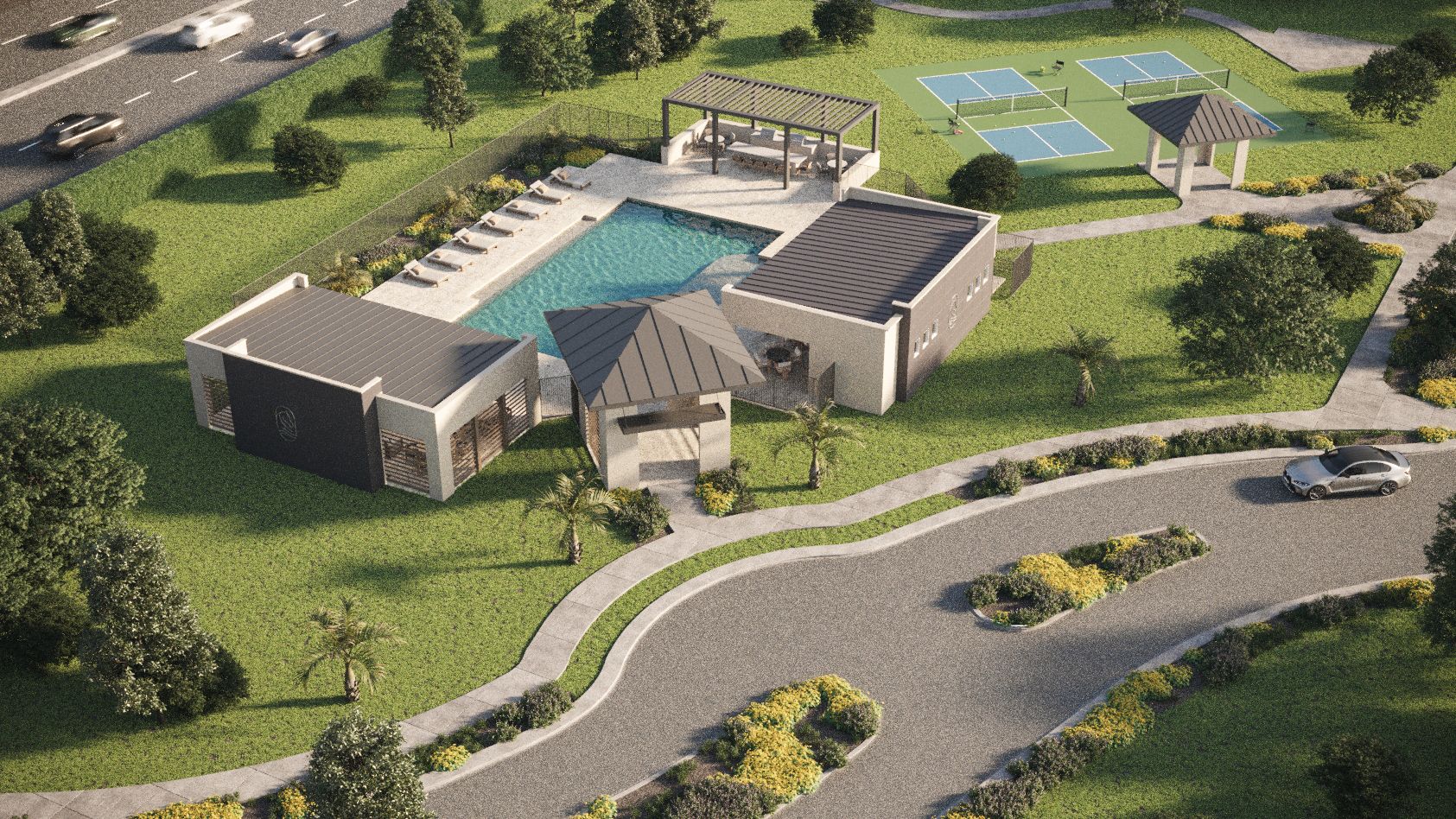 A full aerial rendering of the future Sabana Reserve amenity center, highlighting the resort-style pool, shaded cabanas, pickleball courts, and lush landscaped surroundings.