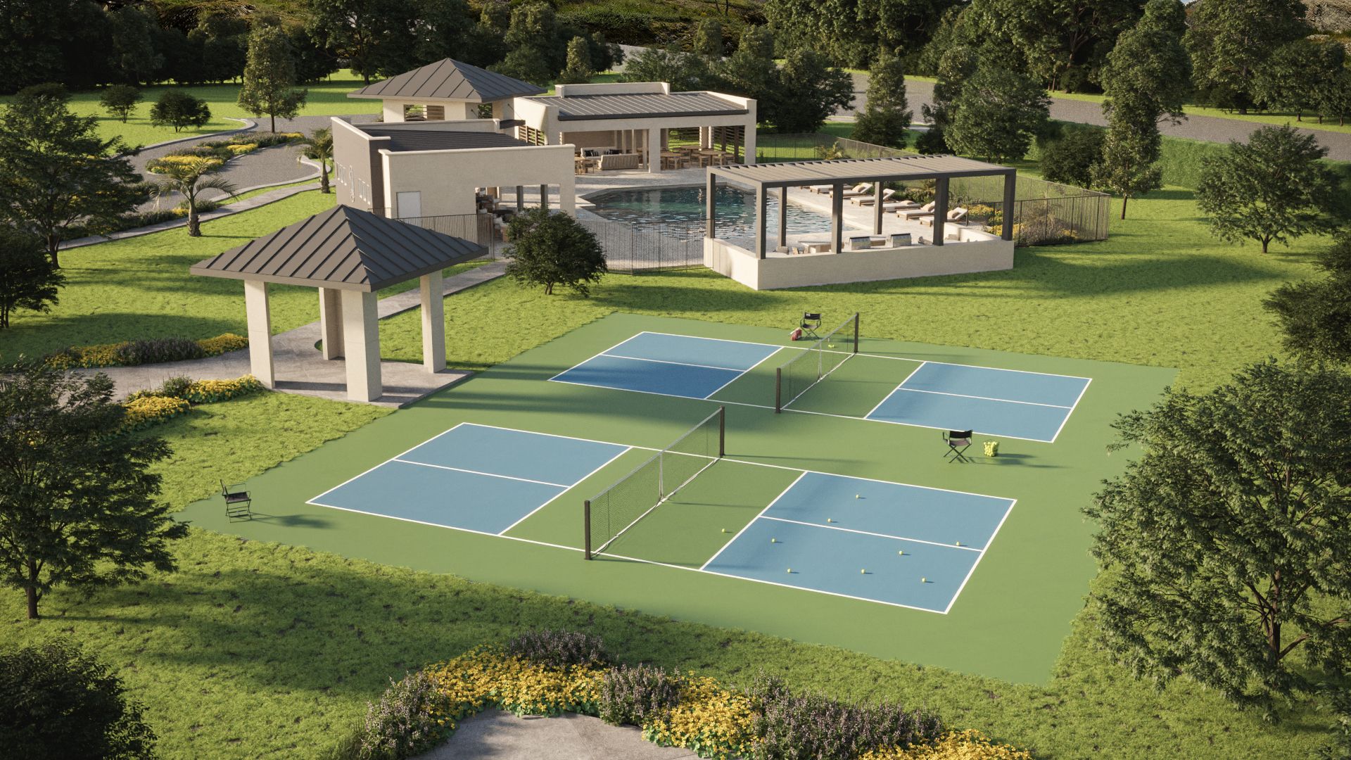 State-of-the-art pickleball courts surrounded by scenic landscaping, providing residents with fun, active outdoor recreation within the Sabana Reserve community.