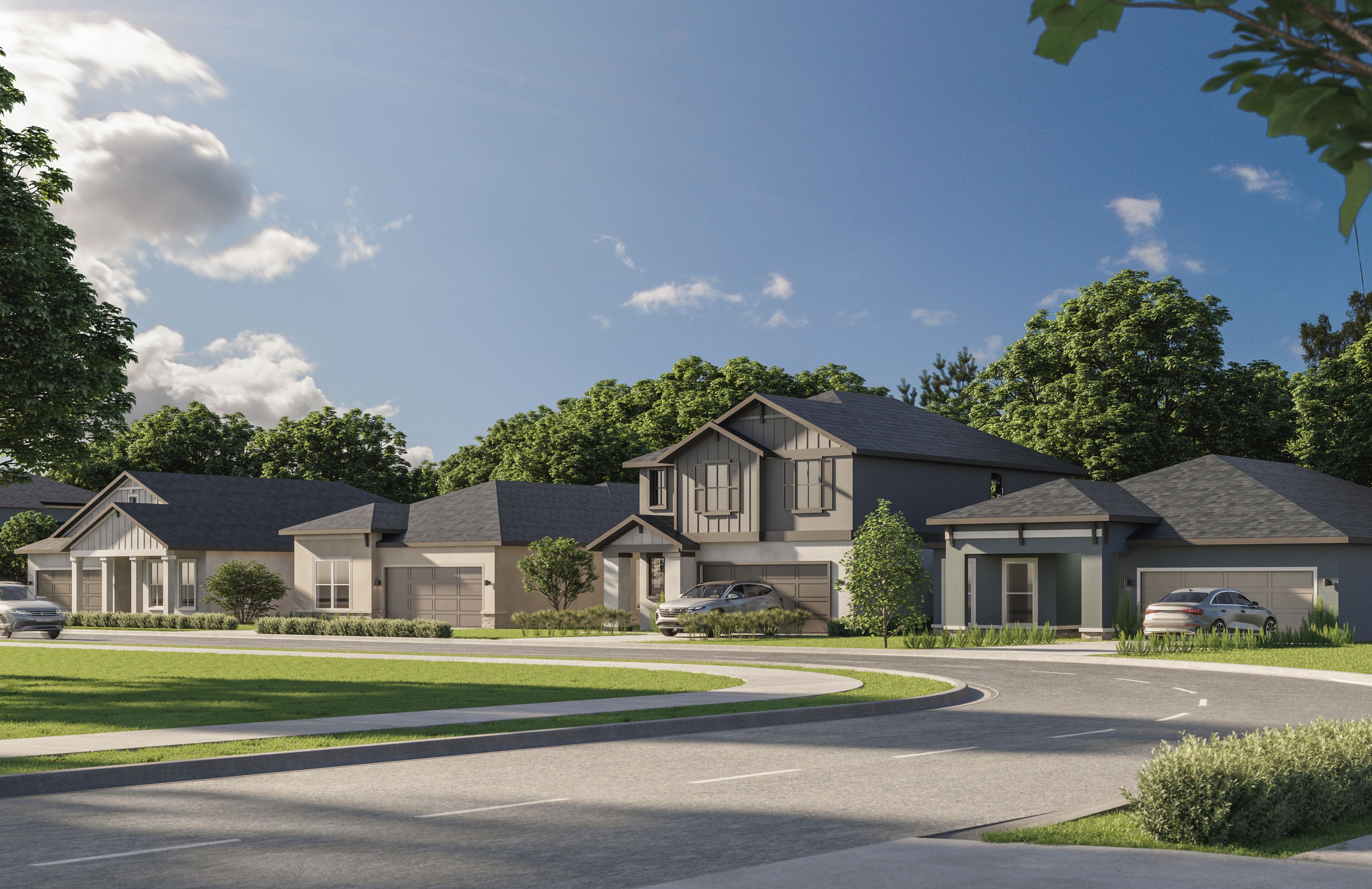 A beautifully designed streetscape showcasing the architectural diversity and modern curb appeal of Sabana Reserve, surrounded by lush greenery and thoughtfully planned neighborhood design.