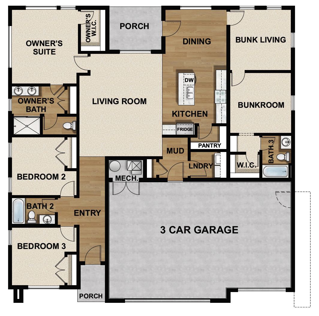3 Car Garage With Bunkroom Option