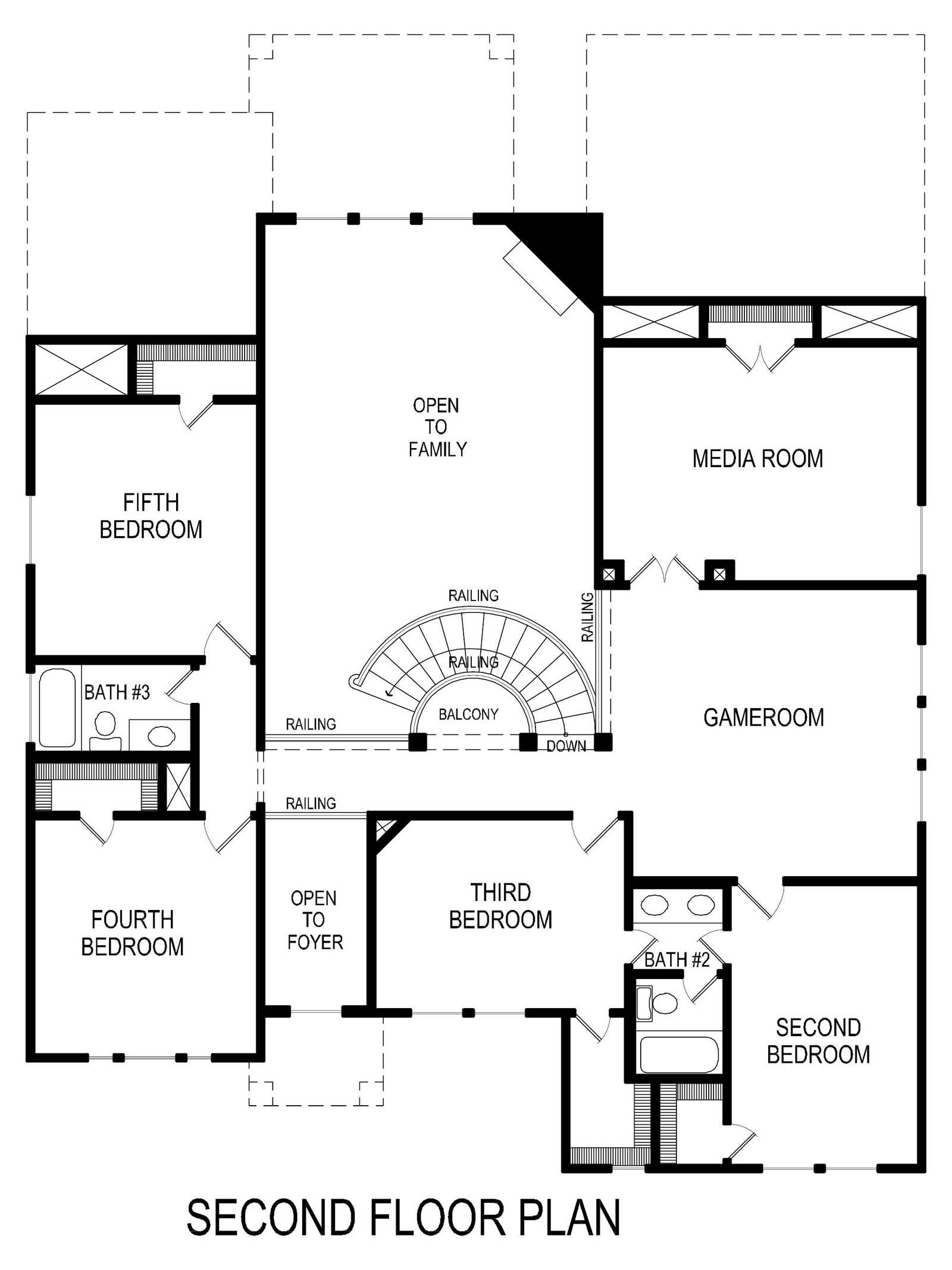 Second floor plan with five bedrooms, media room, and game room layout.