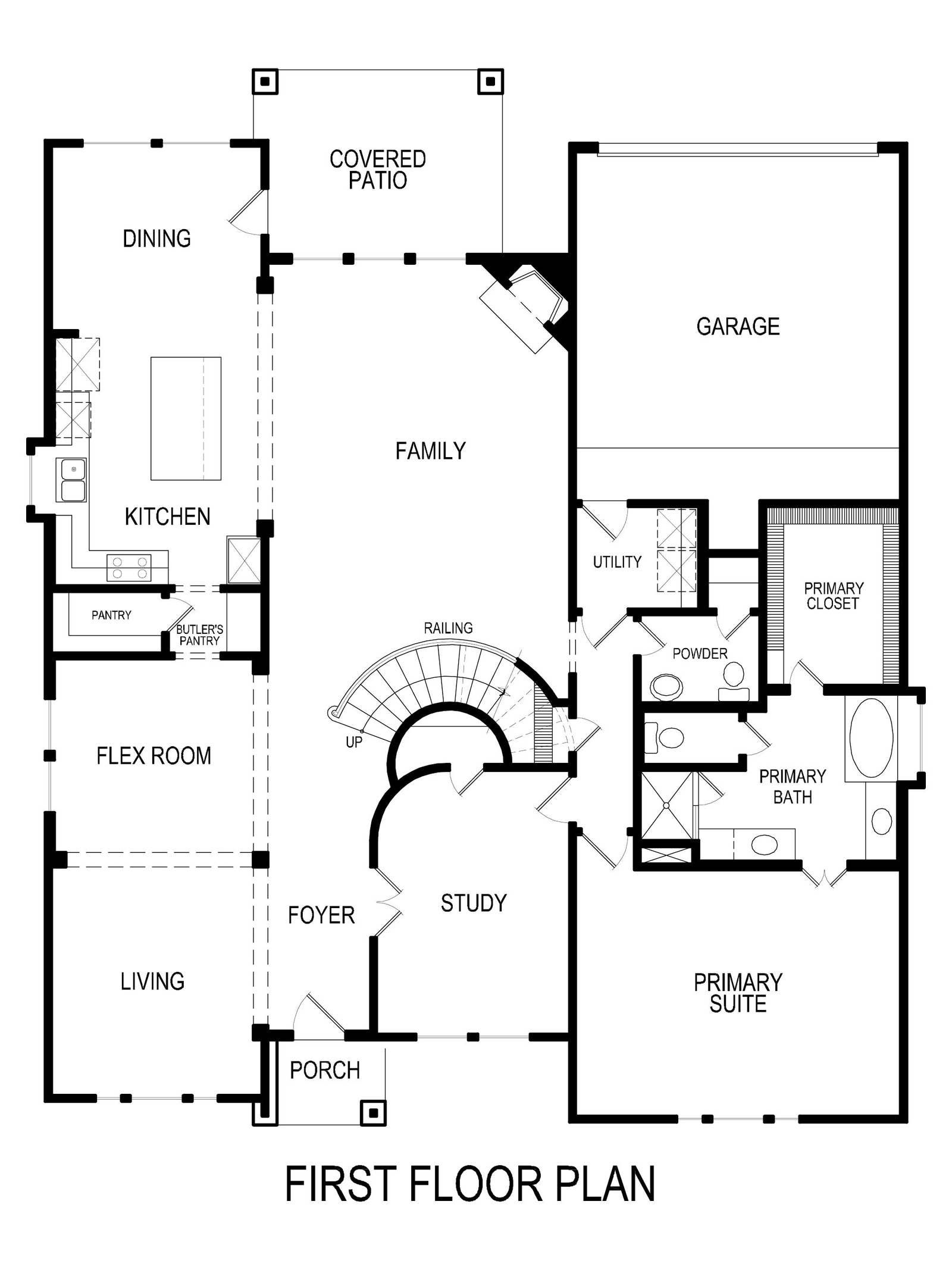 First floor plan with kitchen, dining, family room, and primary suite layout.