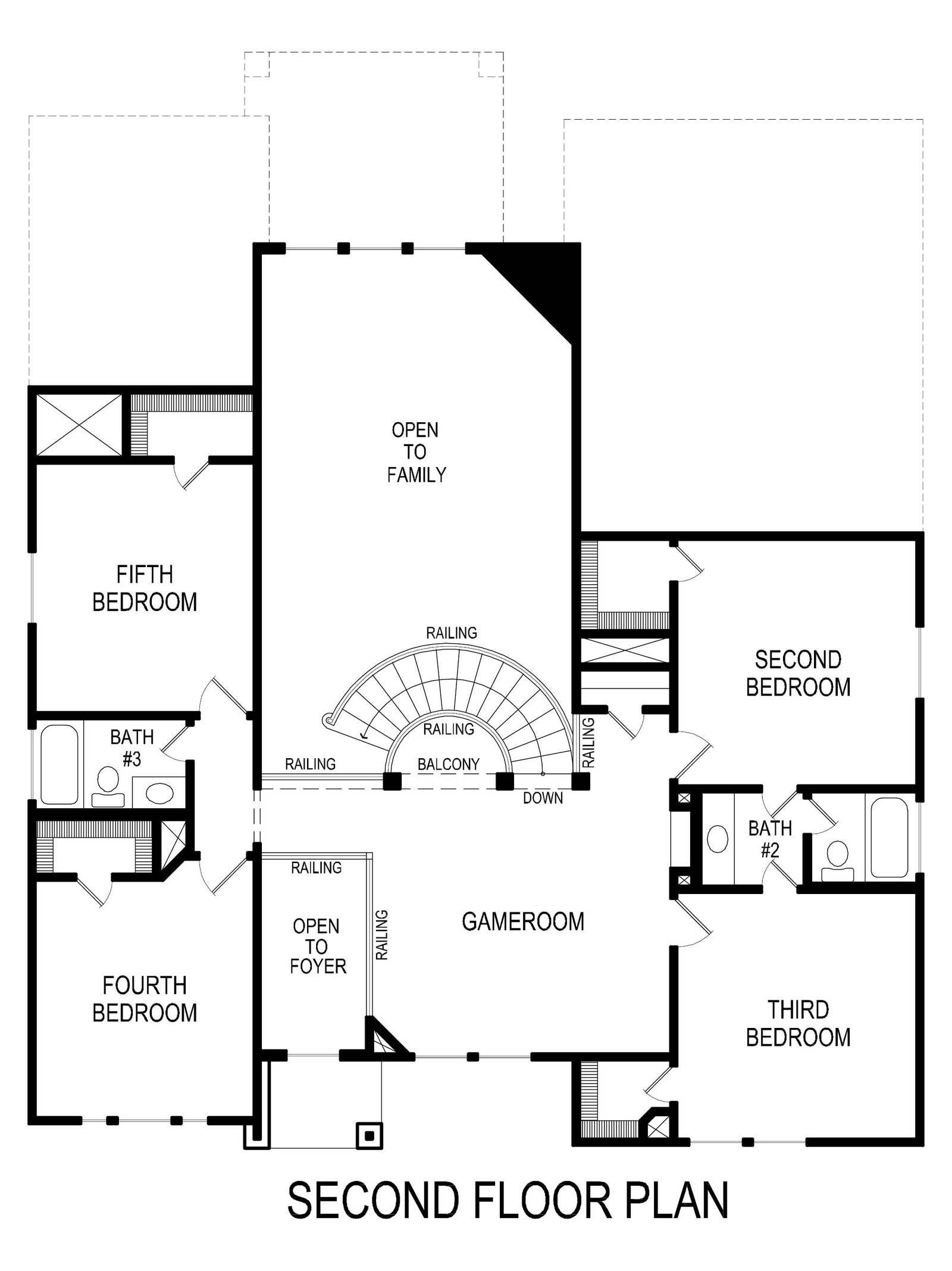 Floorplan of second floor with five bedrooms and a gameroom.