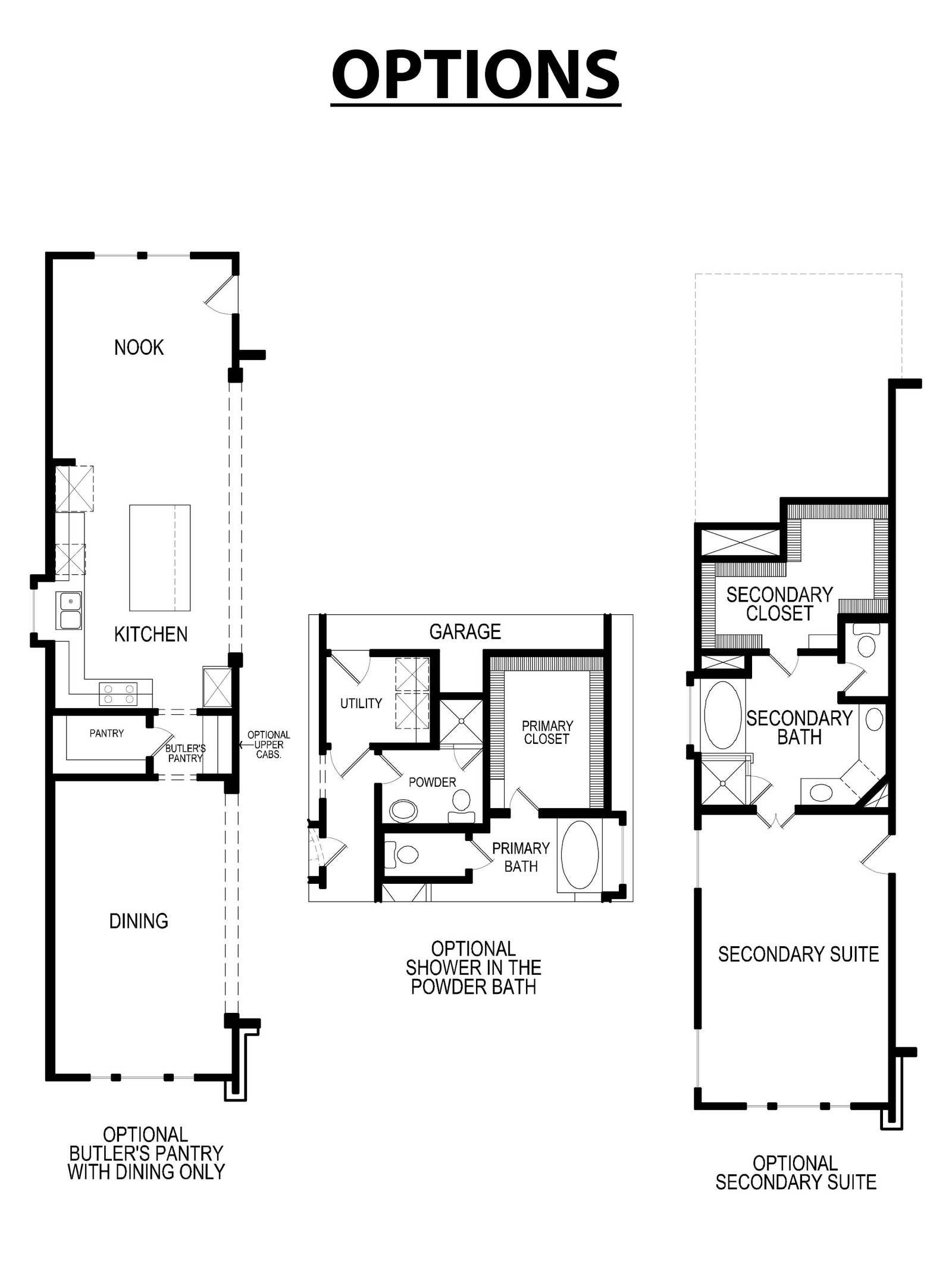 Floorplan options with kitchen, dining, garage, and secondary suite layouts.
