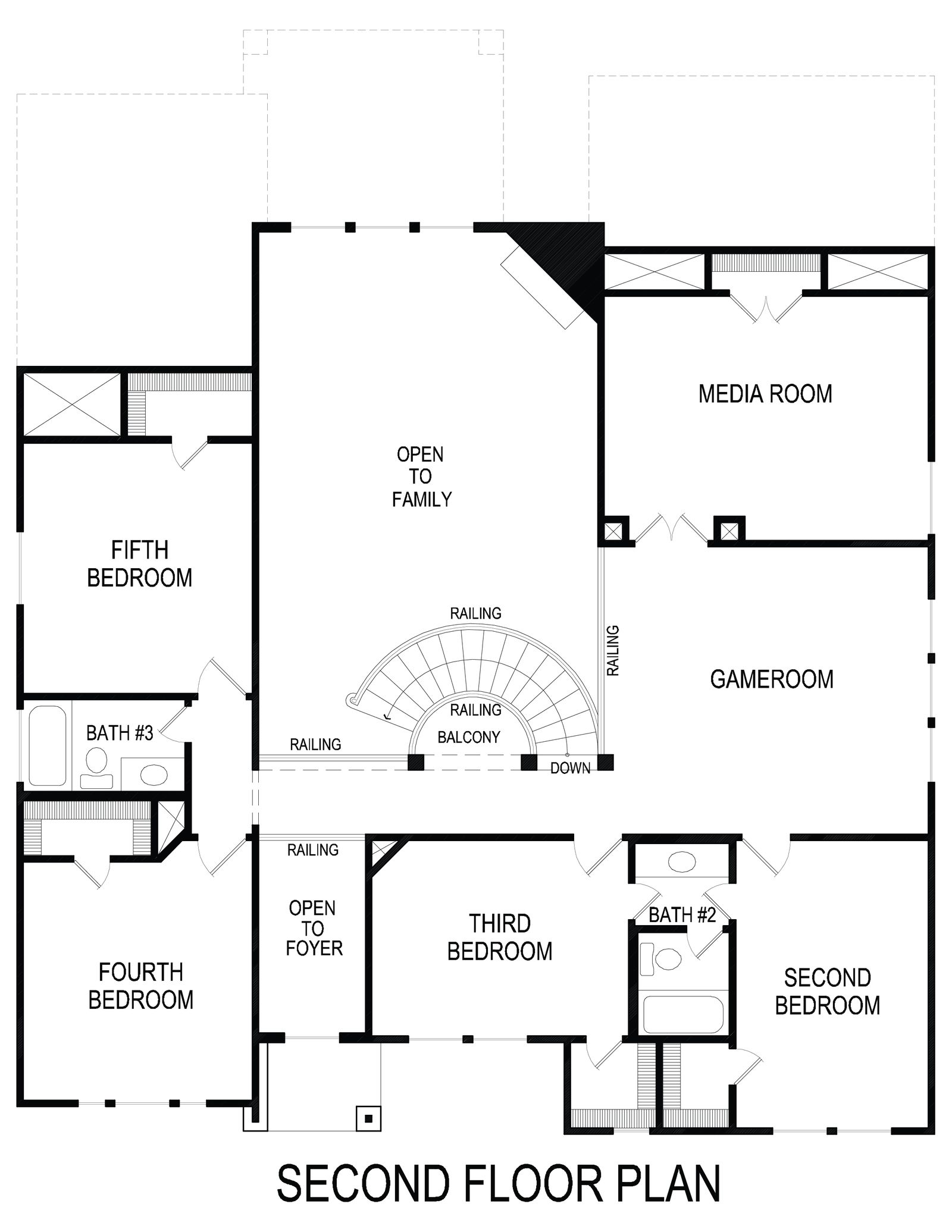 Second floor plan with five bedrooms, media room, and gameroom.