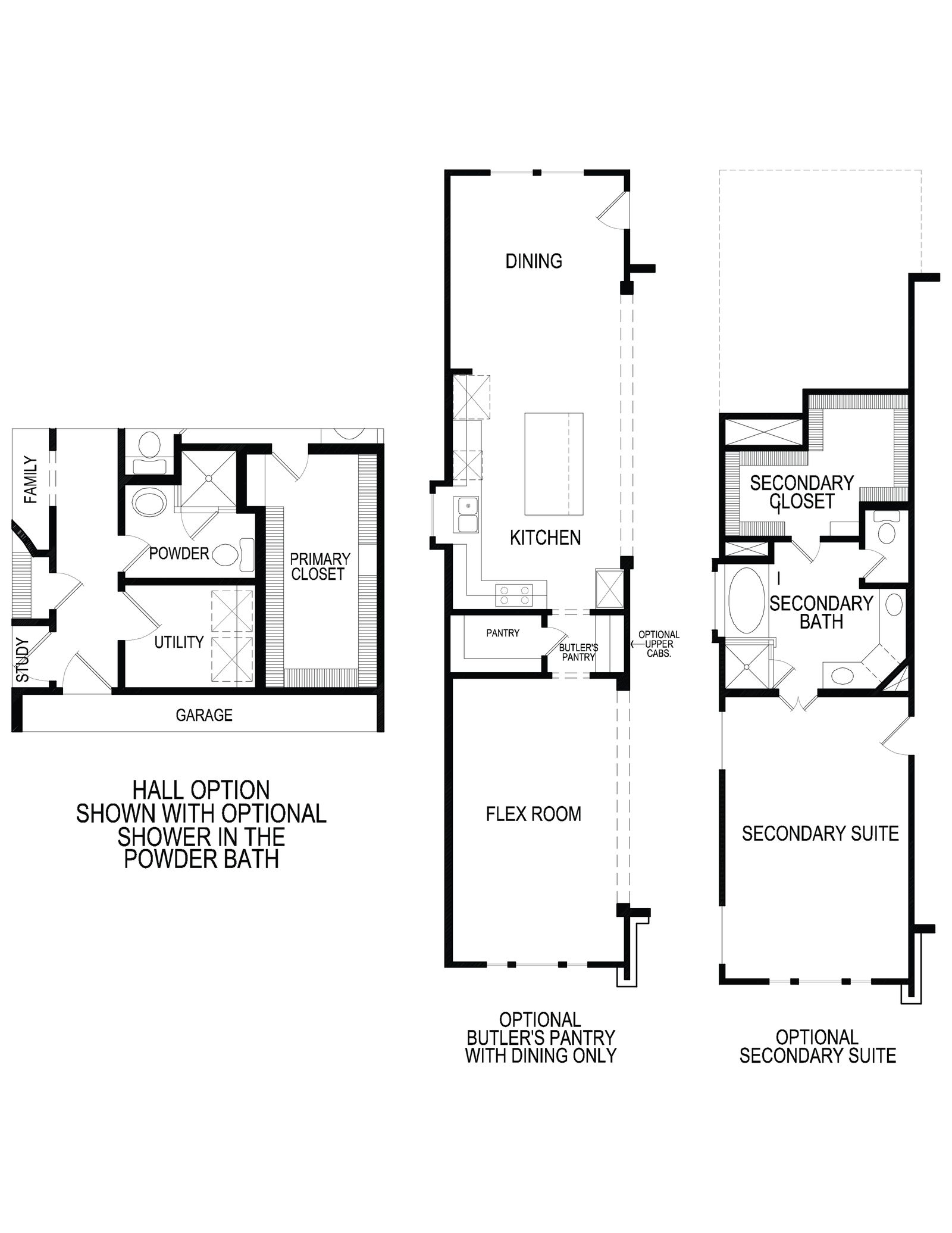 Floorplan layout with optional powder bath shower and secondary suite.