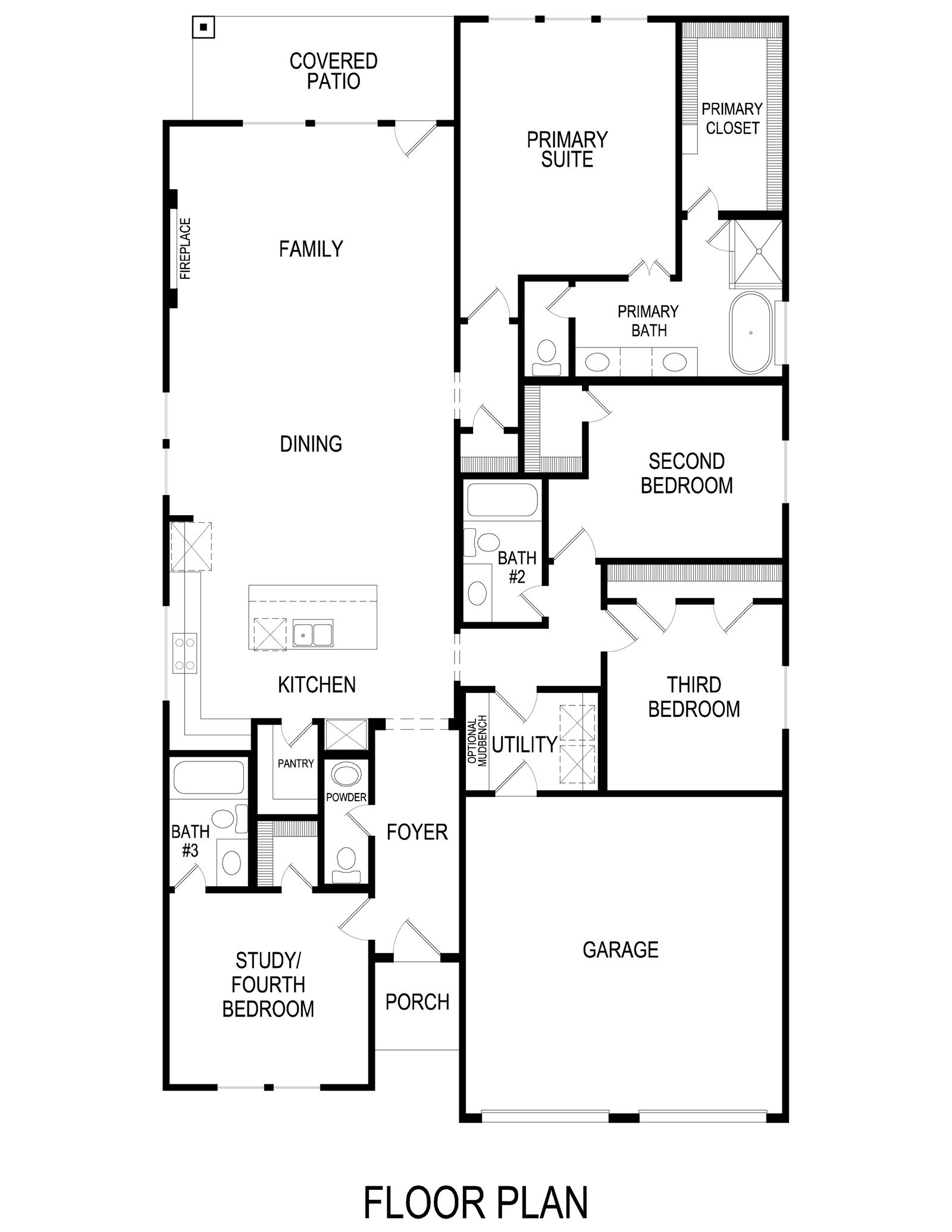 Floor plan with four bedrooms, covered patio, and spacious family area.
