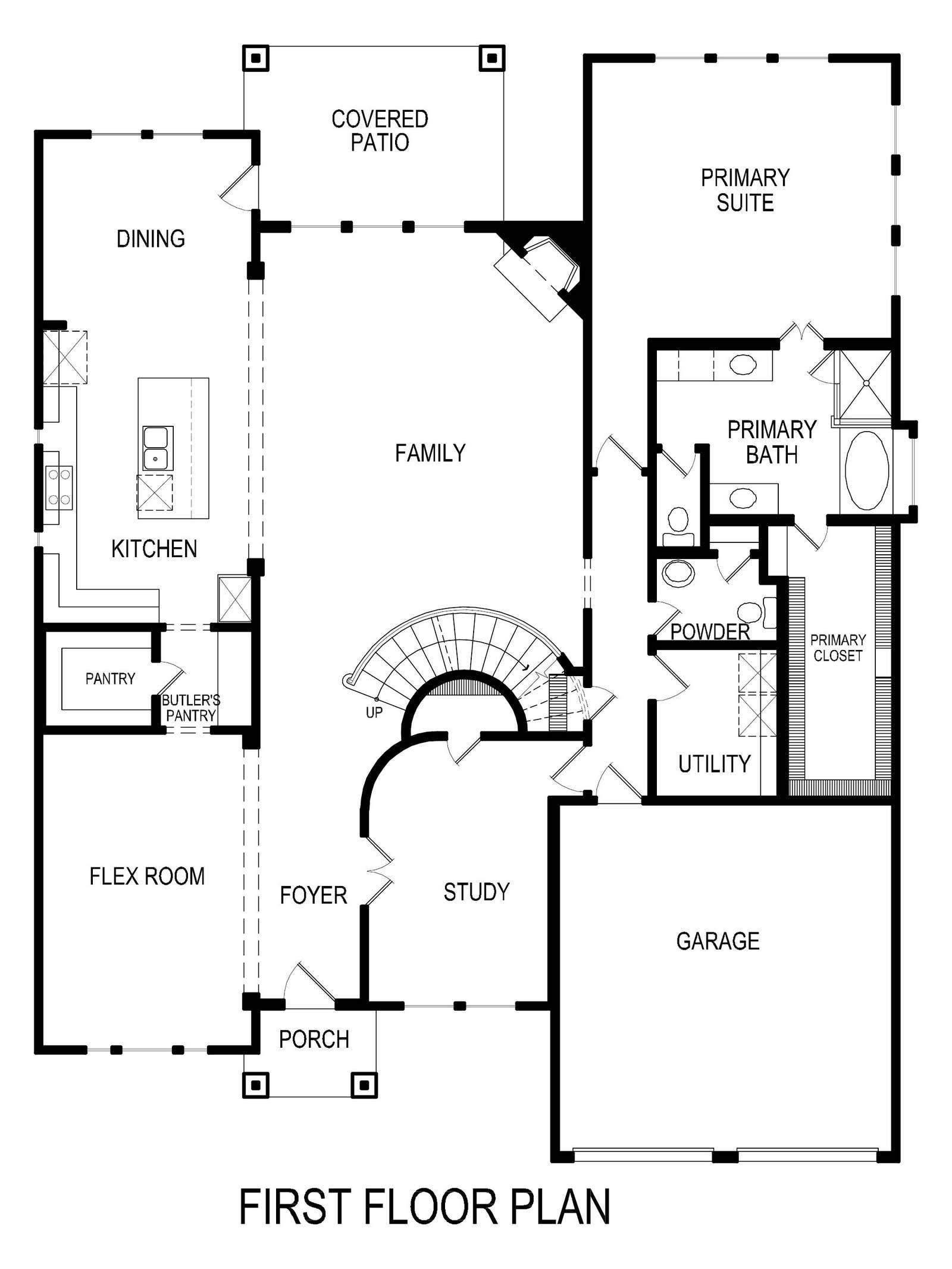 Floorplan of first floor with kitchen, dining, family room, and primary suite.