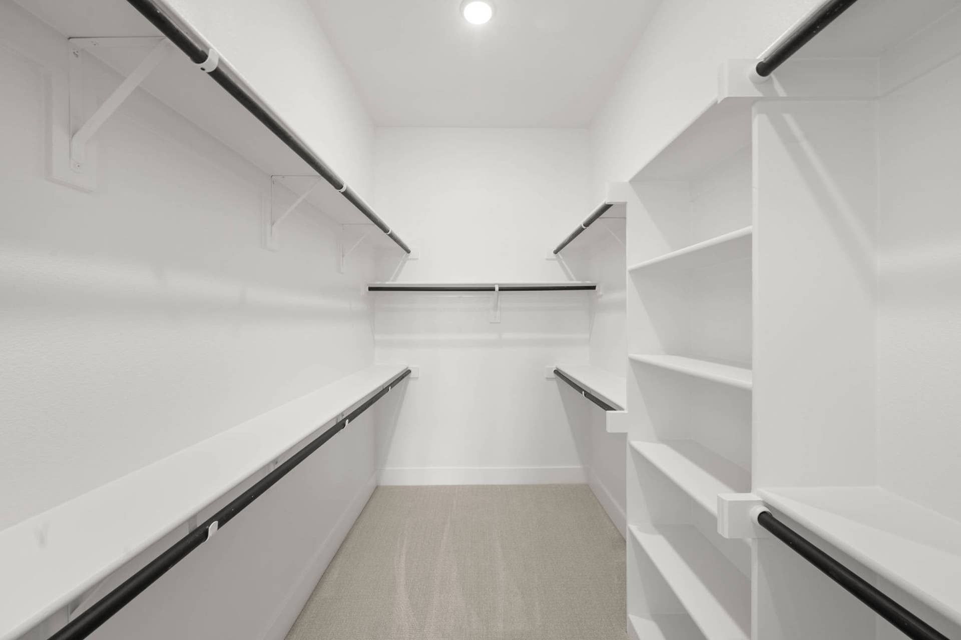 Primary suite walk-in closet with built-in shelving and hanging rods