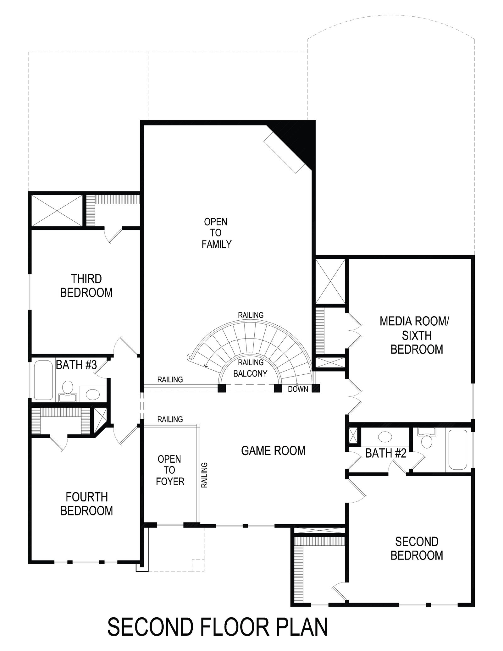 Second floor plan with game room and multiple bedrooms.
