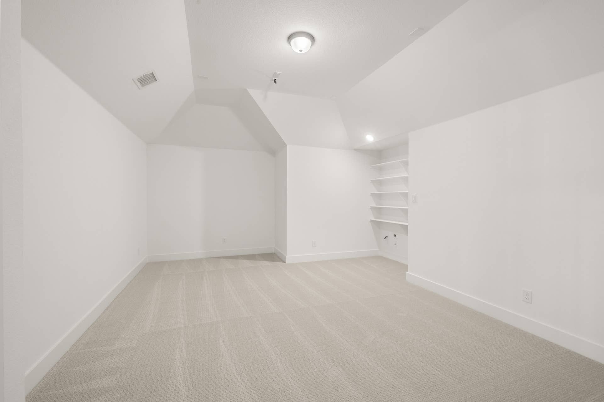 Spacious media room with carpet flooring and built-in shelving.
