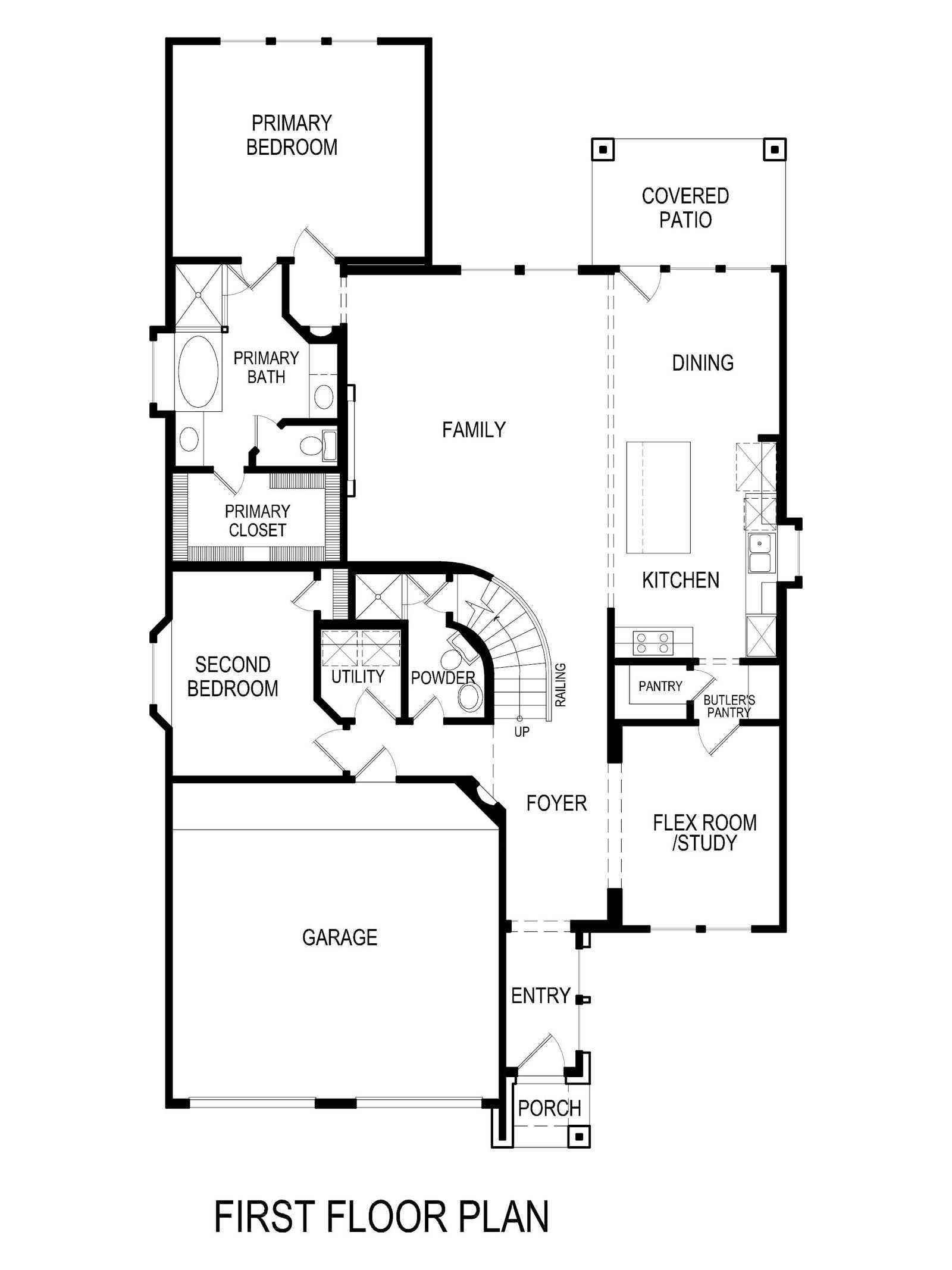 First floor plan with primary bedroom, garage, and covered patio.