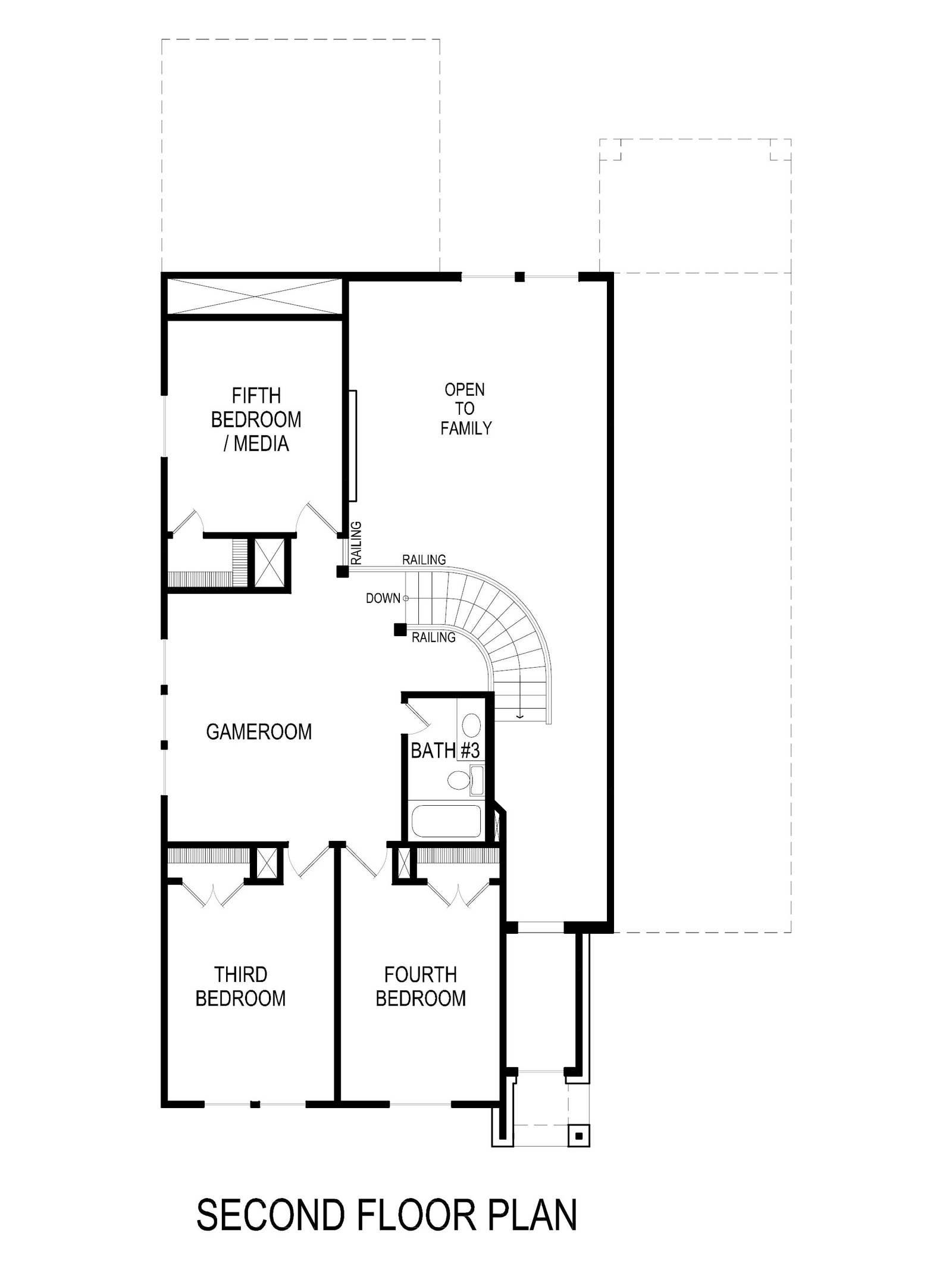 Second floor plan with bedrooms, gameroom, and open family area.