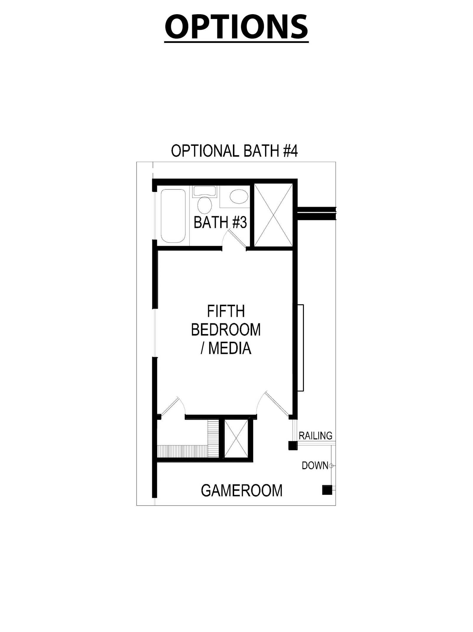 Floor plan showing fifth bedroom, media room, and optional bathrooms.