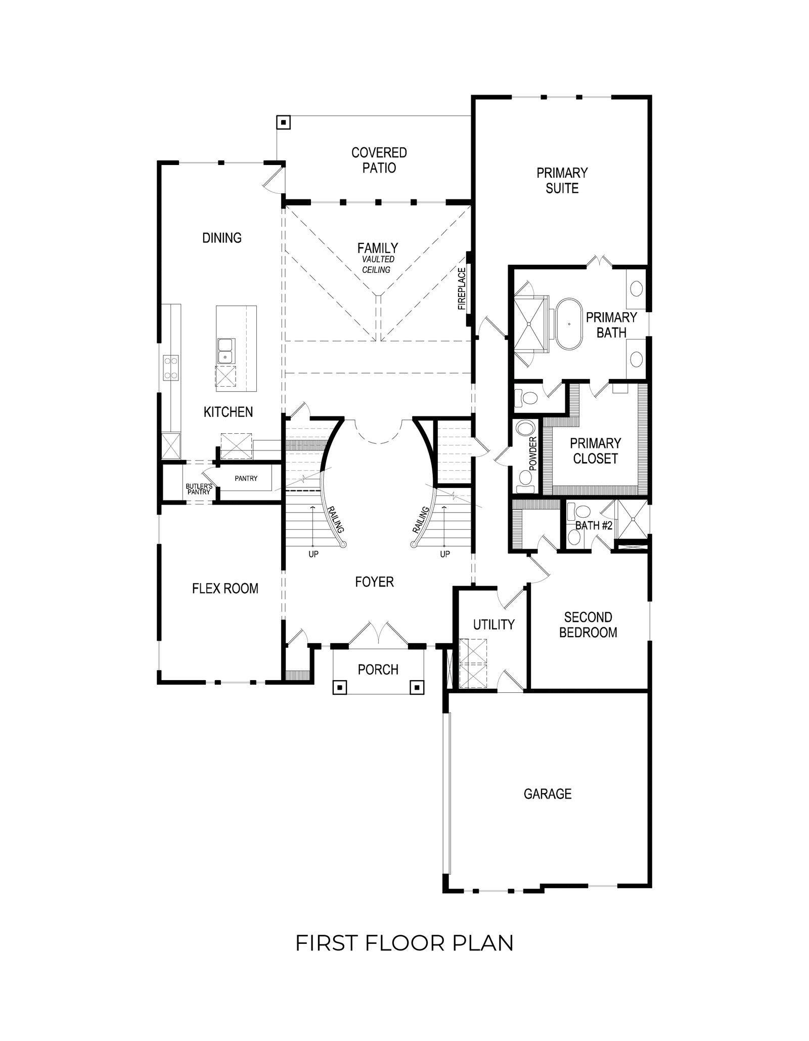 First floor plan featuring foyer, family room, kitchen, and primary suite.