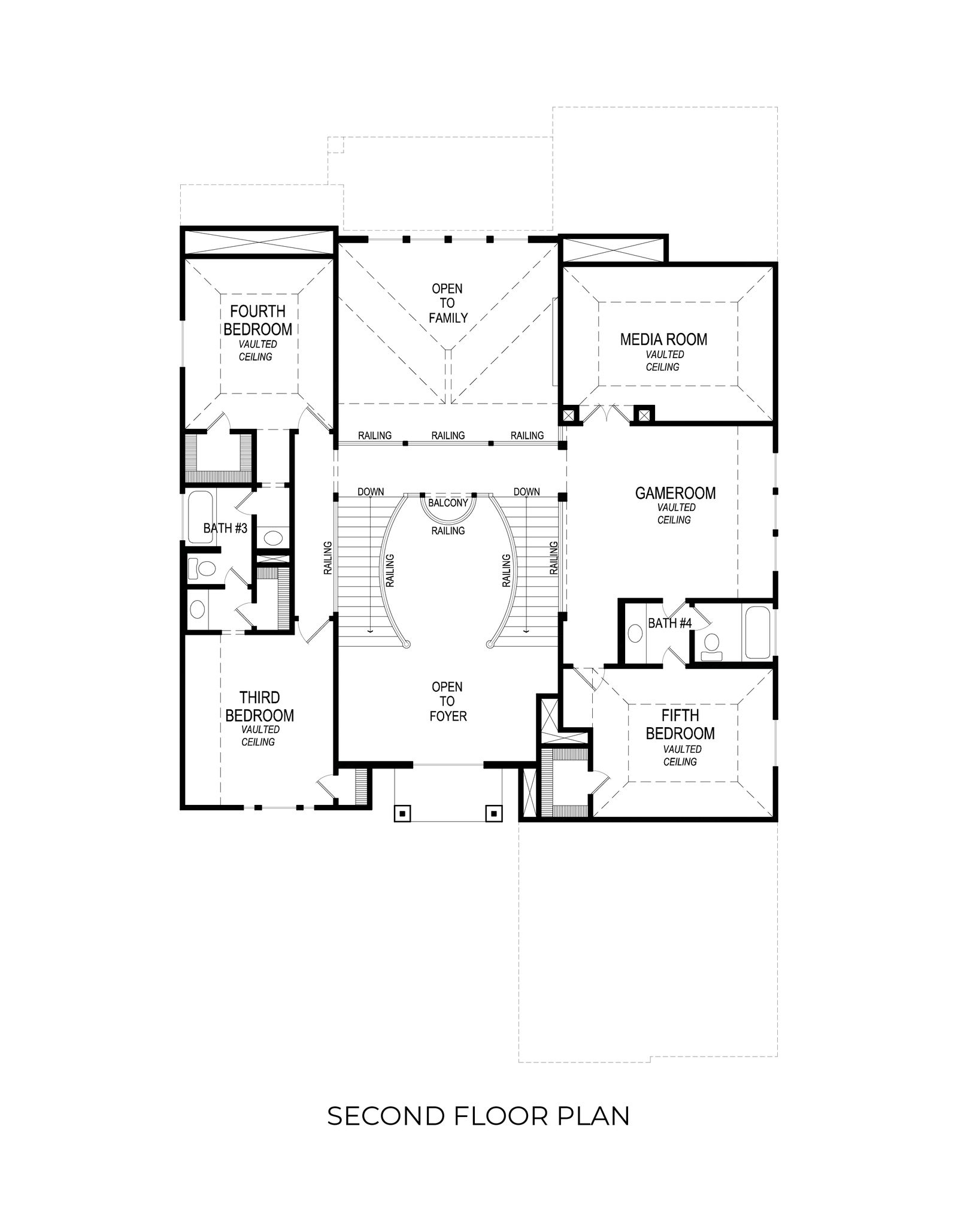 Second floor plan featuring bedrooms, media room, and game room with vaulted ceilings.