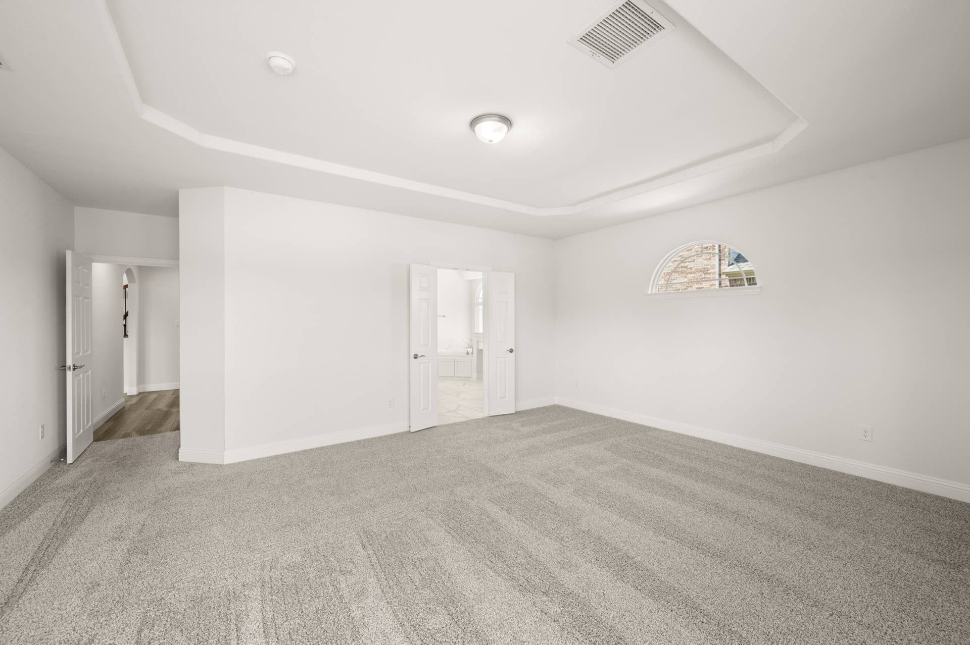 Spacious primary suite with carpet flooring and tray ceiling.