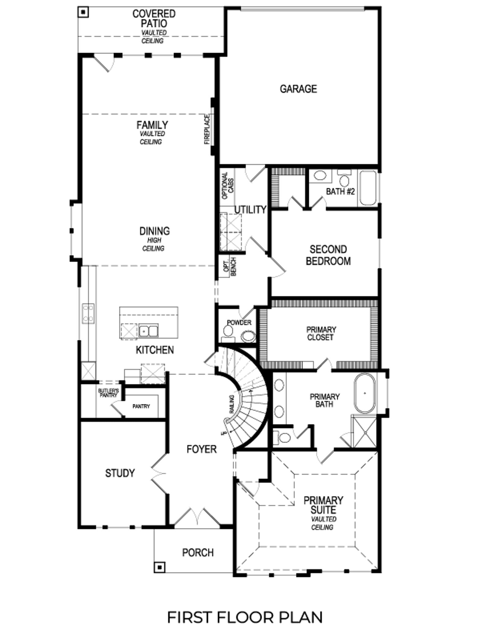 First floor plan featuring garage, bedrooms, study, kitchen, and covered patio.