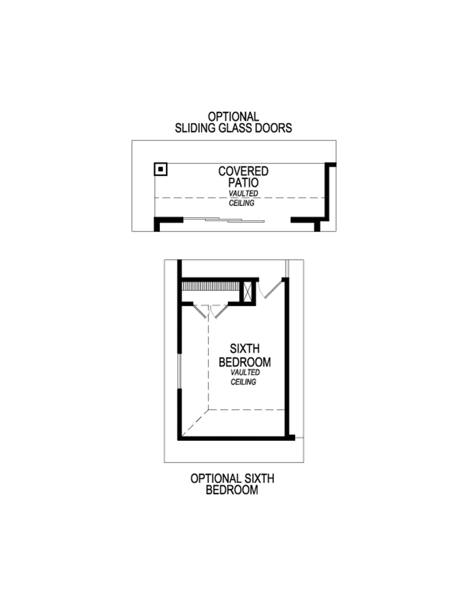 Floorplan showing optional sixth bedroom and covered patio with vaulted ceilings.