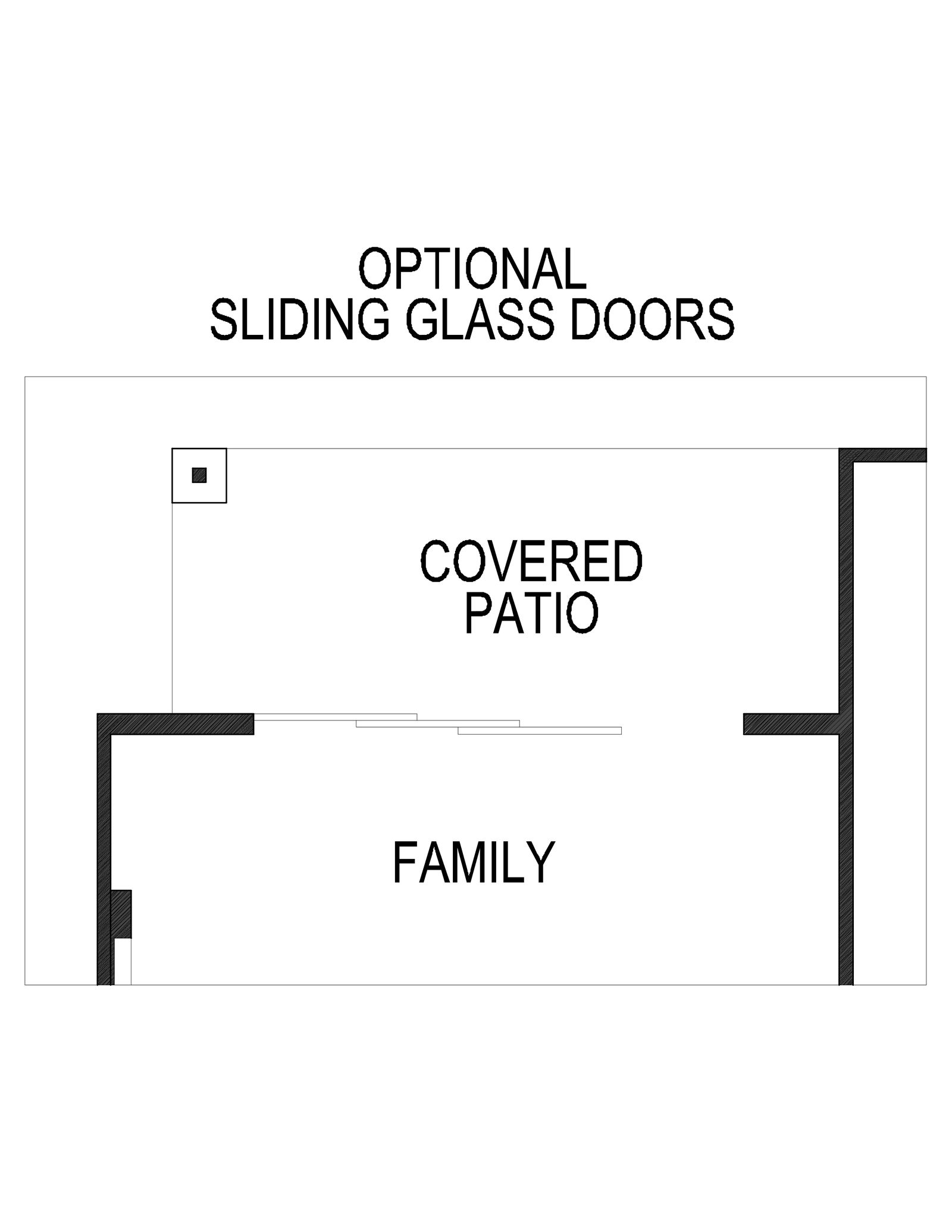 Floor plan showing covered patio and family room with optional sliding glass doors.