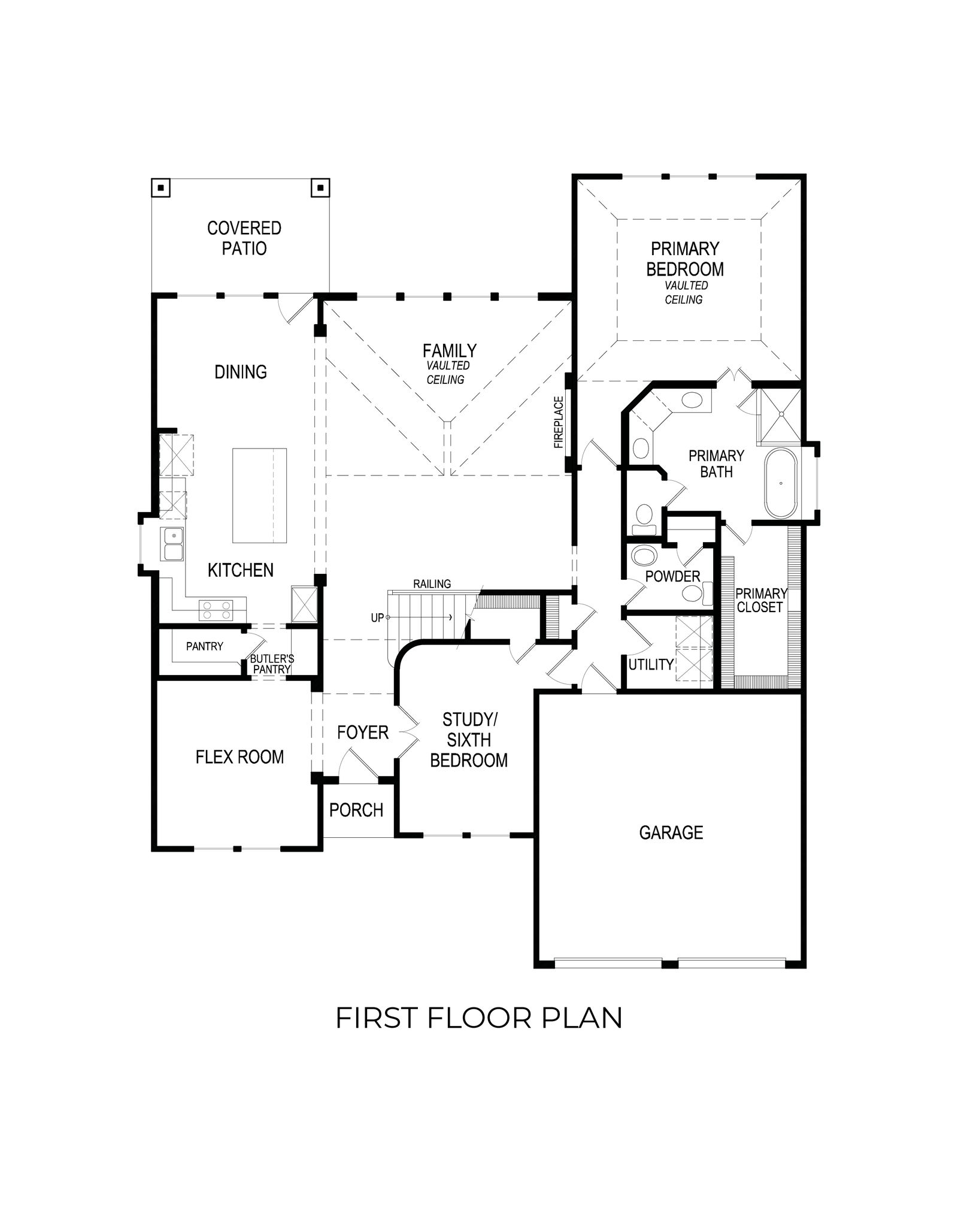 First floor plan with covered patio, dining, family room, and primary bedroom.