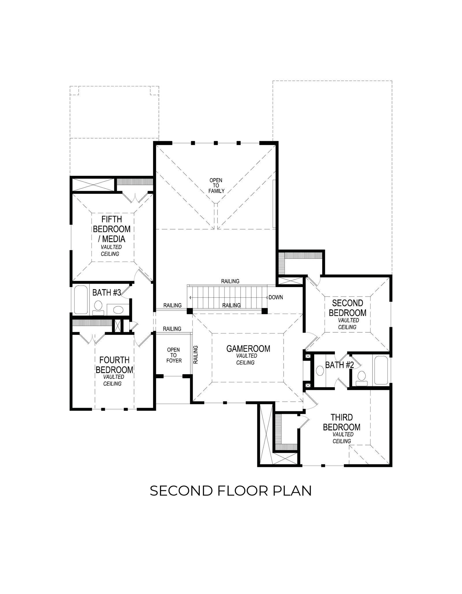Second floor plan with bedrooms, media room, gameroom, and bathrooms.