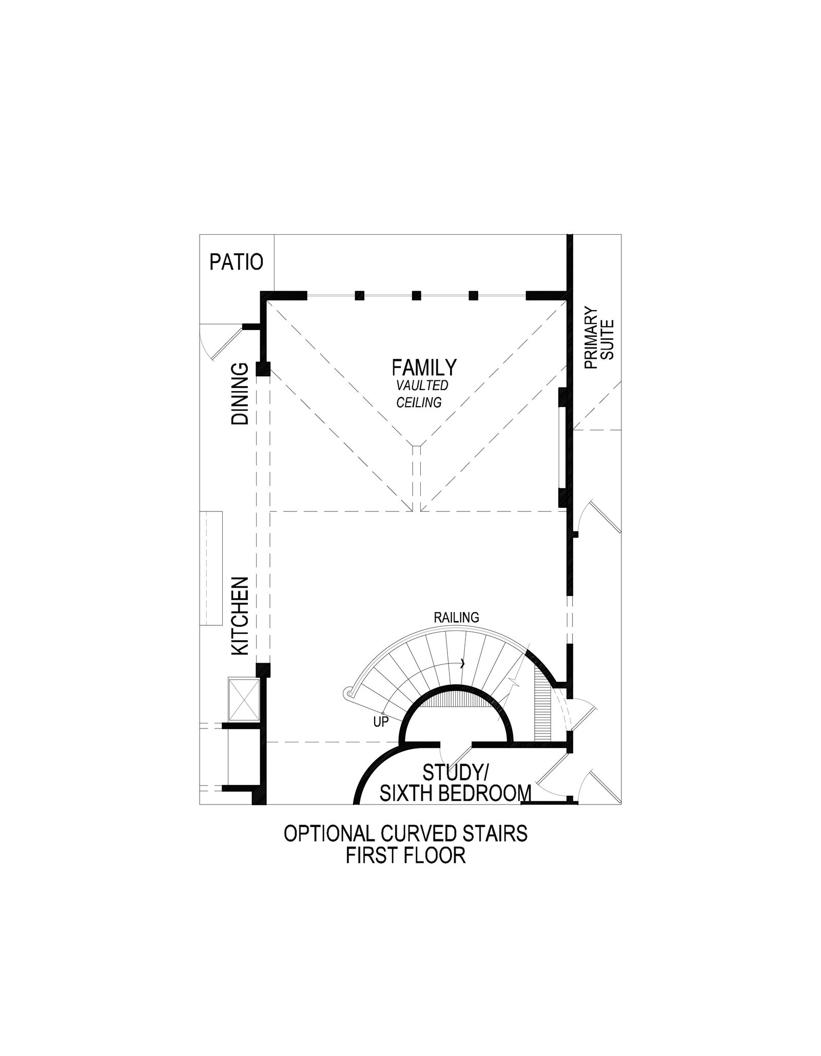Floor plan with optional curved stairs, family room with vaulted ceiling, and study.