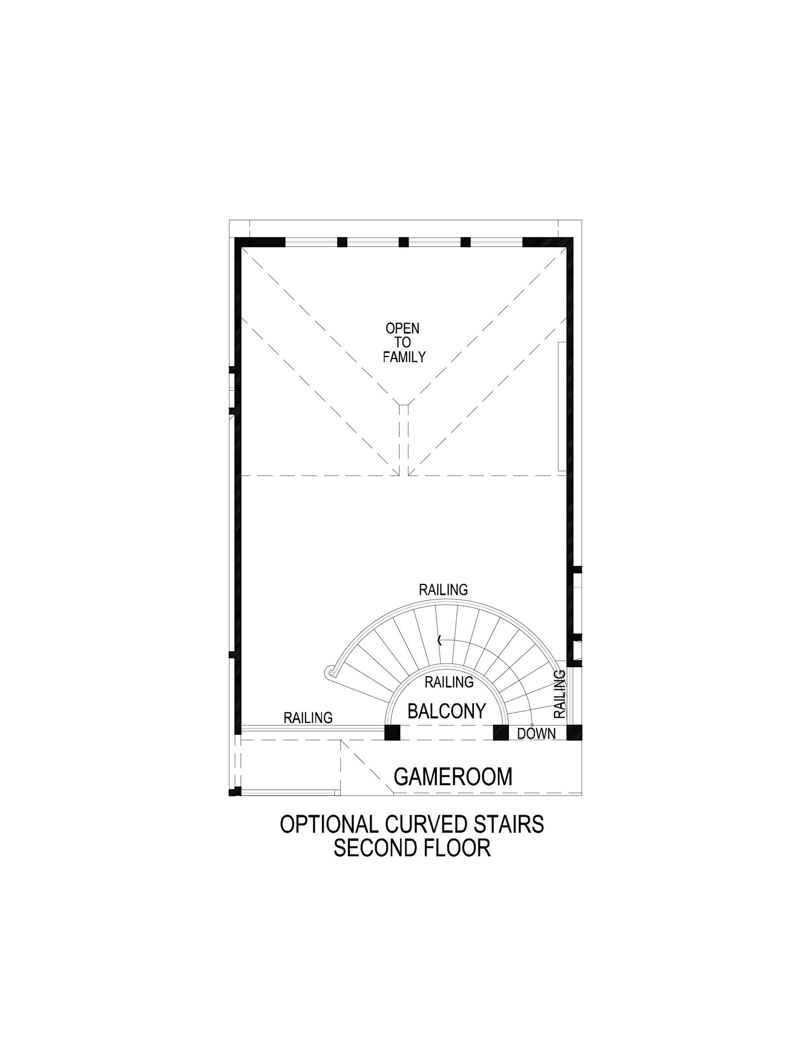 Floorplan of second floor with optional curved stairs and gameroom.