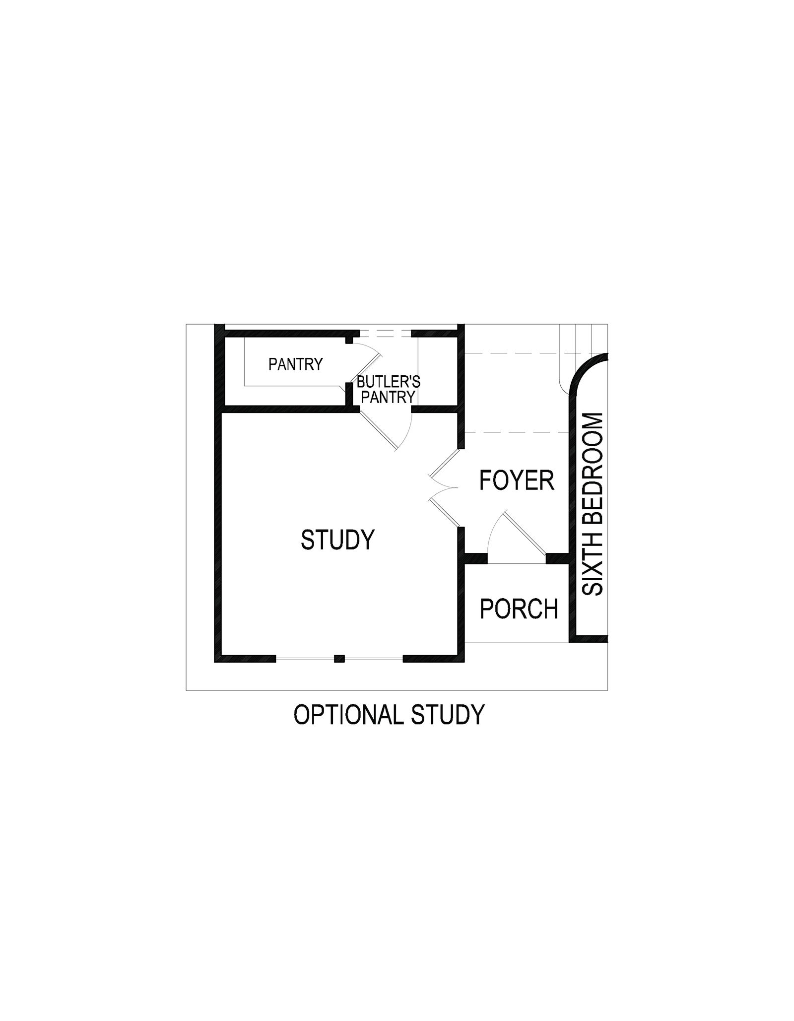 Floorplan with optional study, sixth bedroom, foyer, porch, pantry, and butler's pantry.